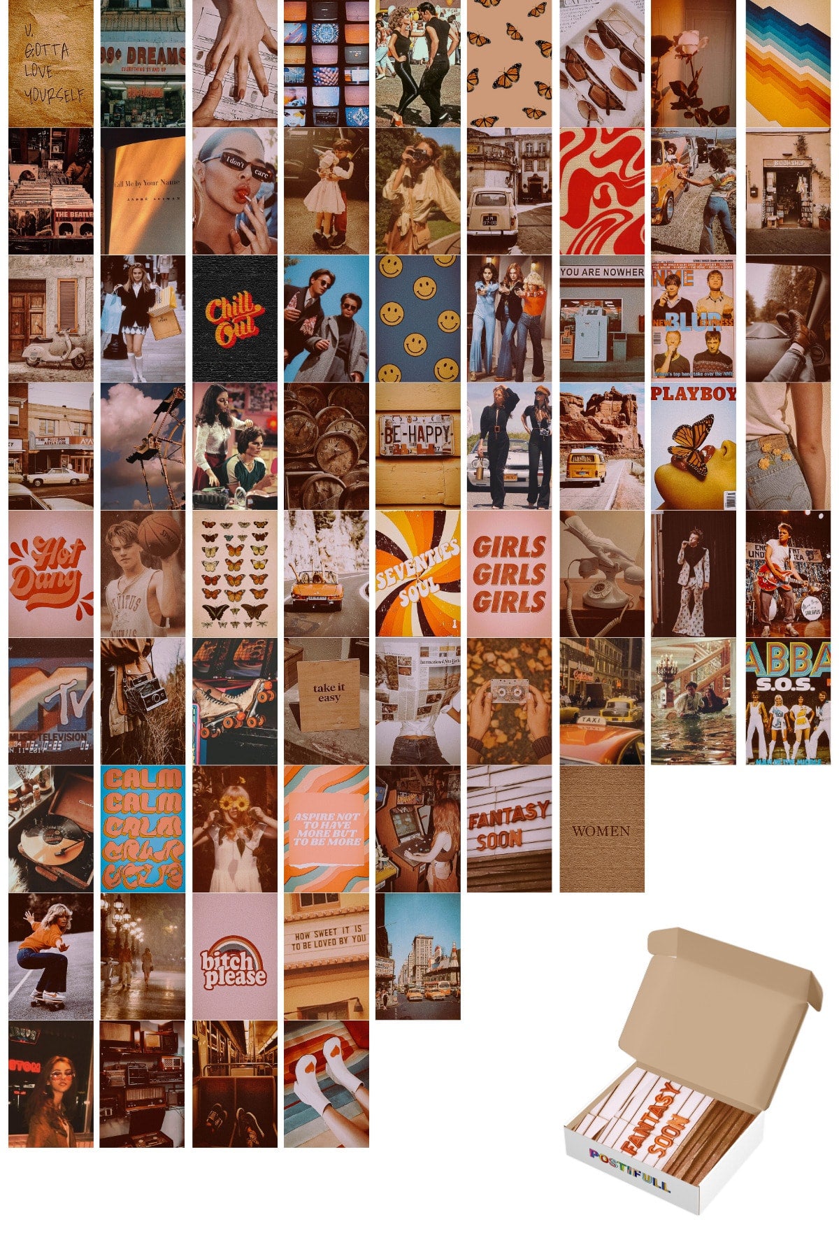 Vintage Duvar Poster Seti - Kolaj Seti - 70 Adet - Arkası Yapışkanlı - 10cm*15cm - Kutulu Set
