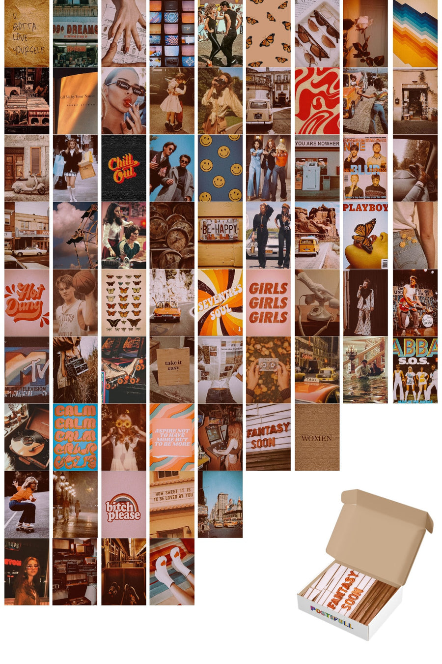 Vintage Duvar Poster Seti - Kolaj Seti - 70 Adet - Arkası Yapışkanlı - 10cm*15cm - Kutulu Set