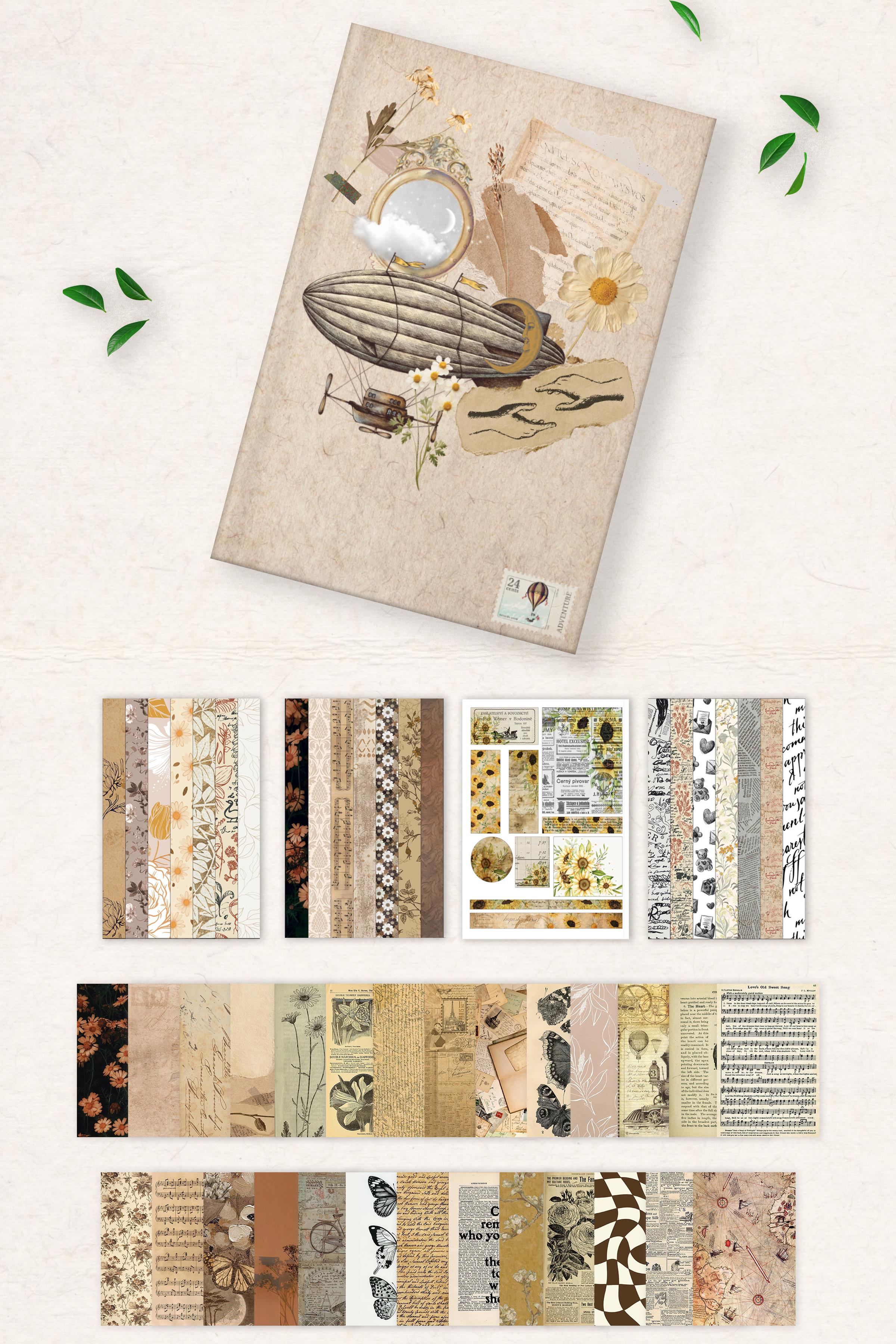 Vintage Journal Defter Seti, Vintage Notebook Seti Soft, 27 Vintage Kağıt, 30 Adet Vintage Sticker