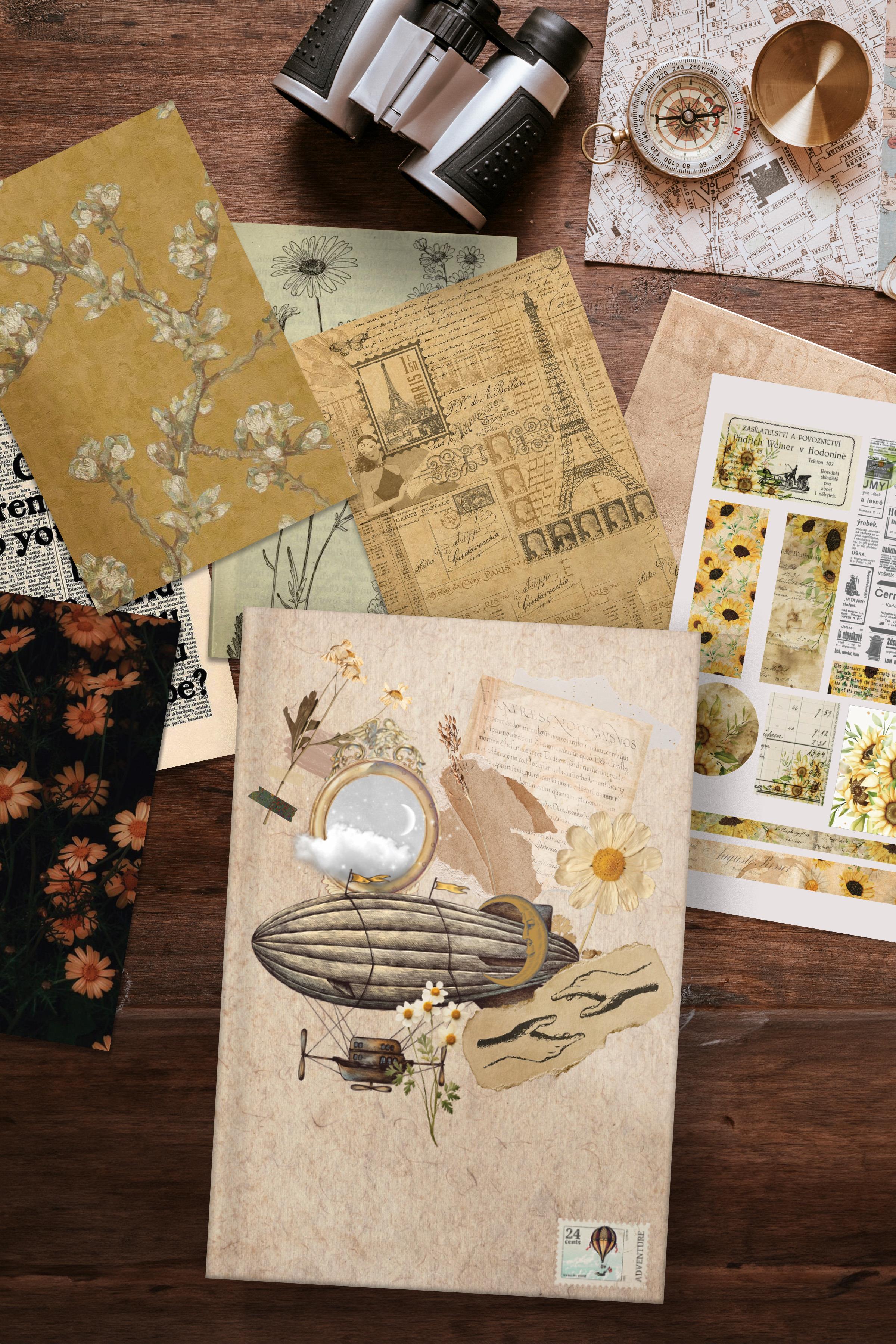 Vintage Journal Defter Seti, Vintage Notebook Seti Soft, 27 Vintage Kağıt, 30 Adet Vintage Sticker