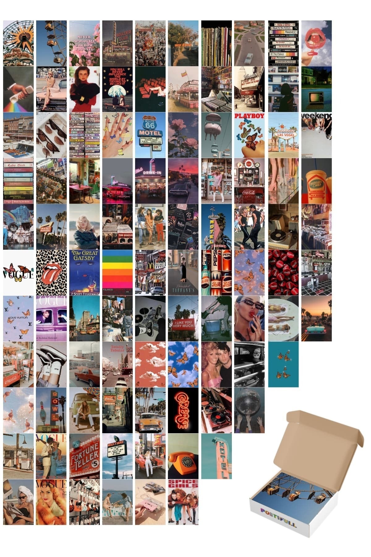 Vintage Poster Seti - Arkası Yapışkanlı Retro Poster Kolaj Set - 100 Adet - 10cm*15cm - Kutulu Set