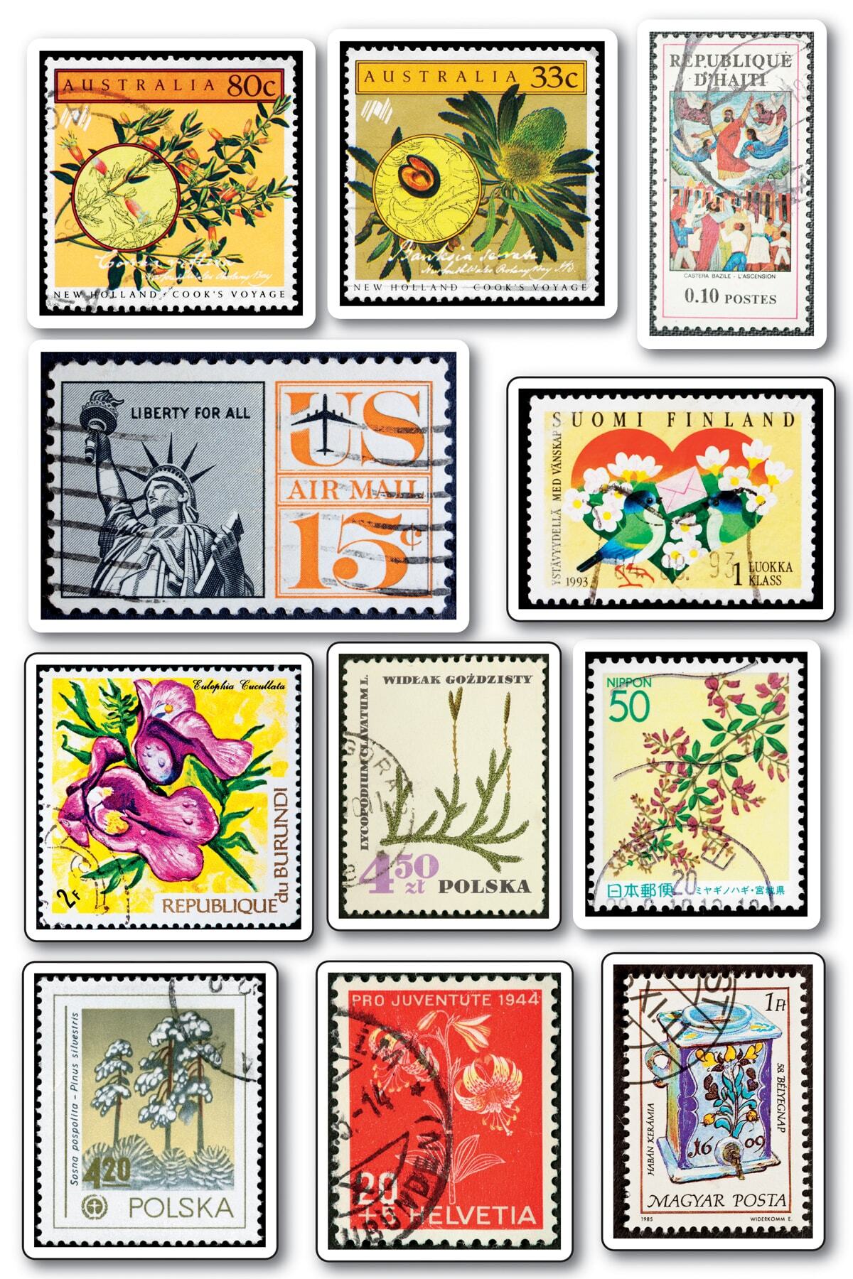 Vintage Pul Temalı Sticker Seti - 11 Adet Etiket Seti- Telefon, Tablet, Defter Laptop Uyumlu Etiket