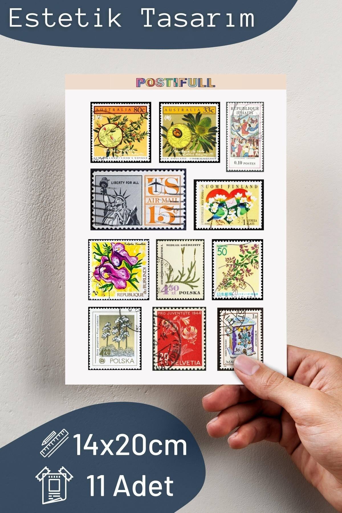 Vintage Pul Temalı Sticker Seti - 11 Adet Etiket Seti- Telefon, Tablet, Defter Laptop Uyumlu Etiket