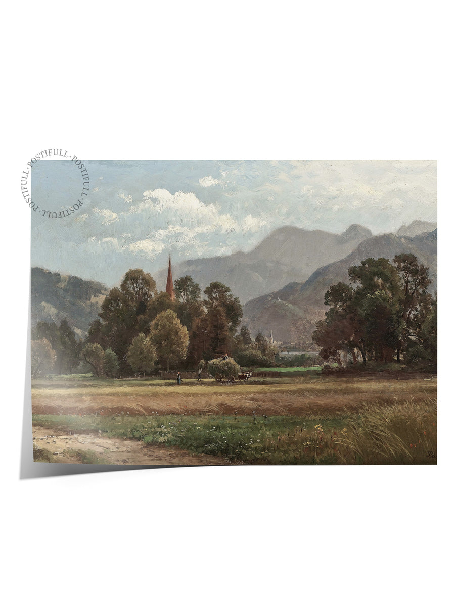 Dağlar ve Kilise Manzarası Vintage Çerçevesiz Poster