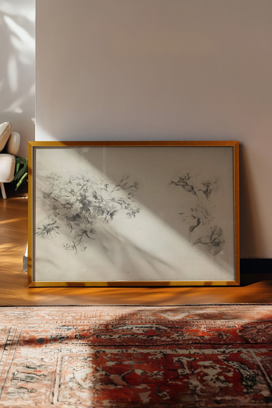Çiçek Desenli Eskiz Vintage Poster – Gold Çerçeveli Tablo