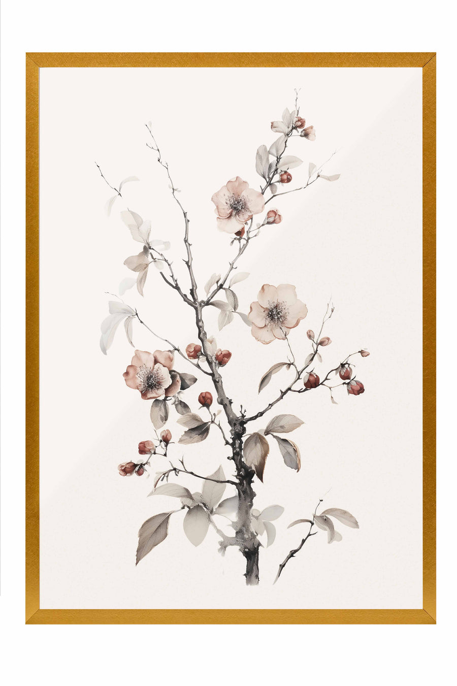 Çiçekli Dal Tasviri Vintage Poster – Gold Çerçeveli Tablo