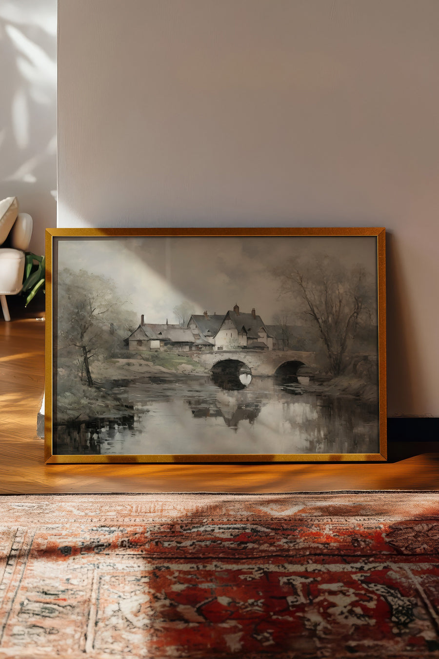Kır Evi ve Köprü Manzarası Vintage Poster – Gold Çerçeveli Tablo