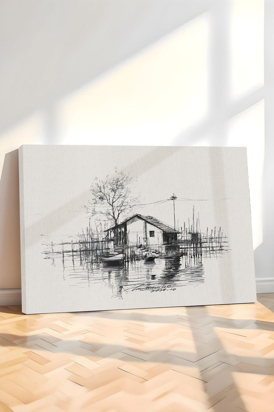 Göl Evi Çizimi Vintage Kanvas Tablo