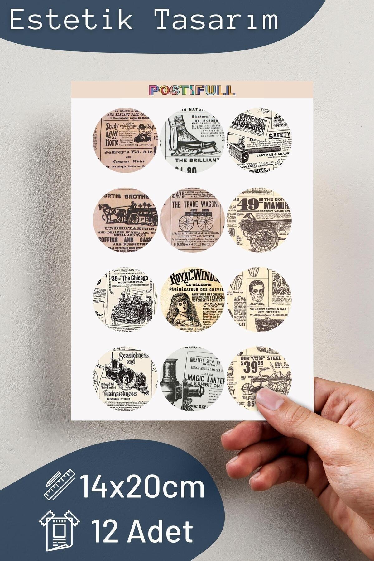 Vintage Temalı Sticker Seti - 12 Adet Etiket Seti- Telefon, Tablet, Defter Laptop Uyumlu Etiket