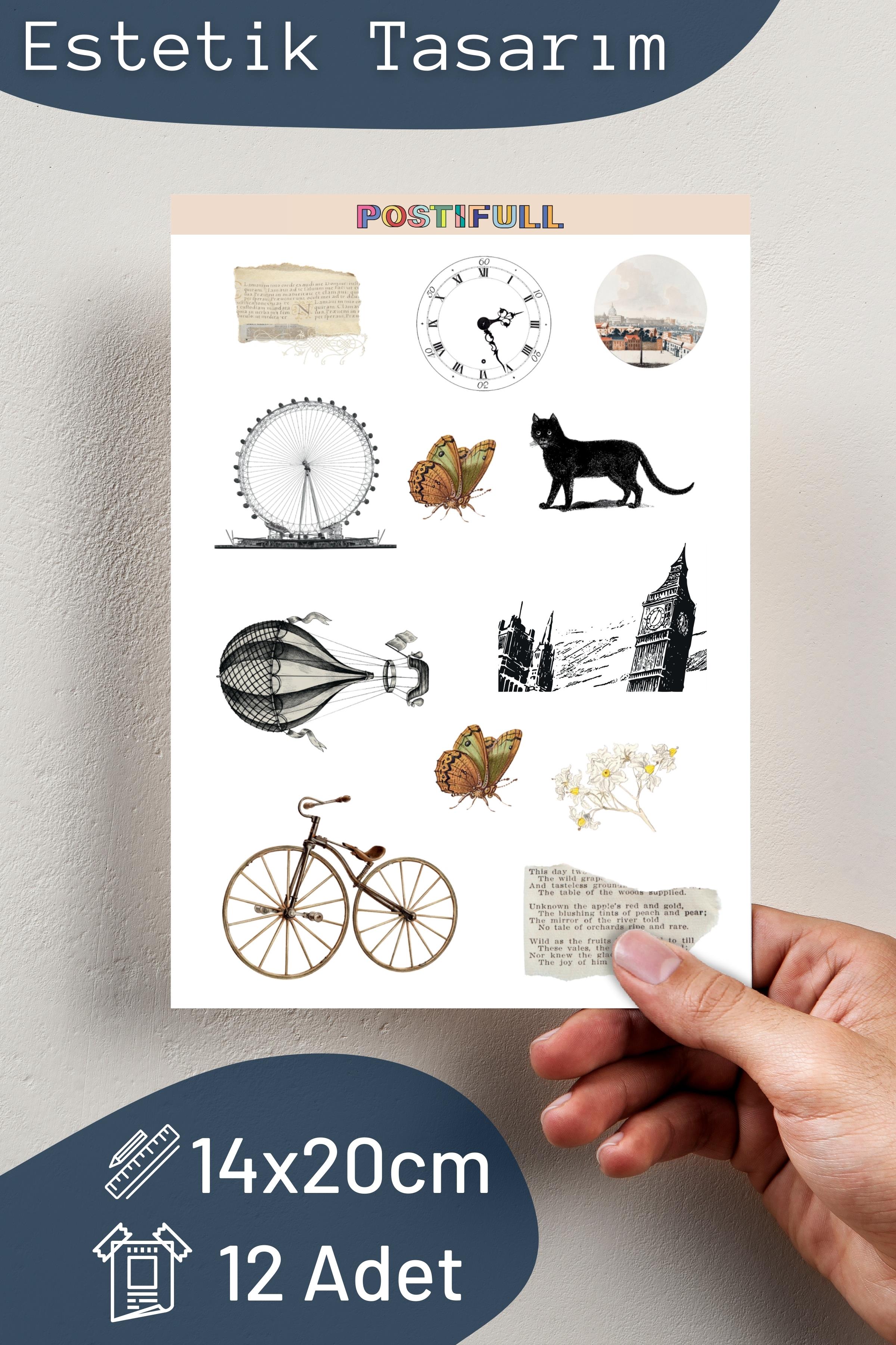 Vintage ve Gezi Etiket Seti, 12 Adet Su Geçirmez, Vintage Sticker, Journal, Memopad, Günlük Uyumlu