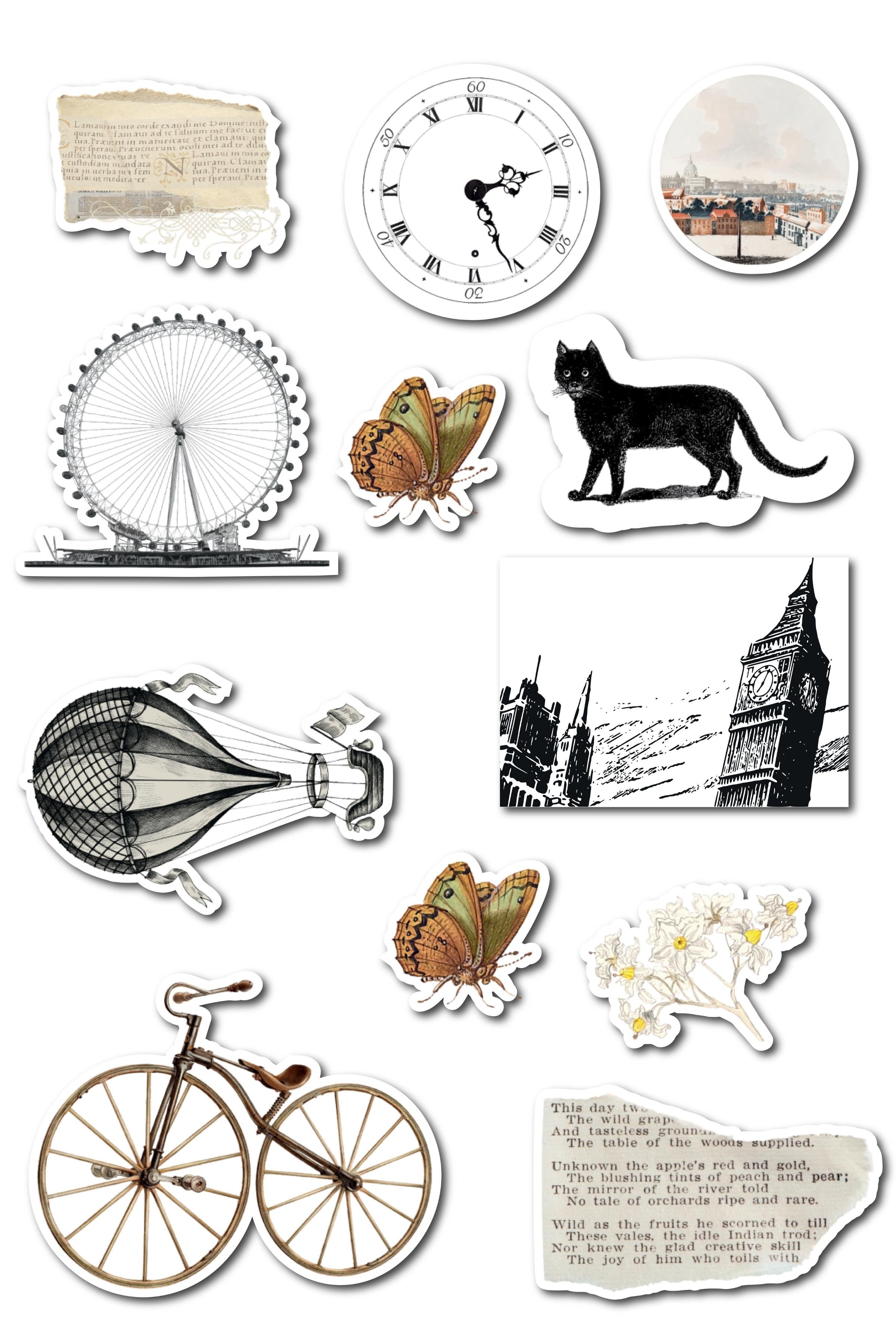 Vintage ve Gezi Etiket Seti, 12 Adet Su Geçirmez, Vintage Sticker, Journal, Memopad, Günlük Uyumlu