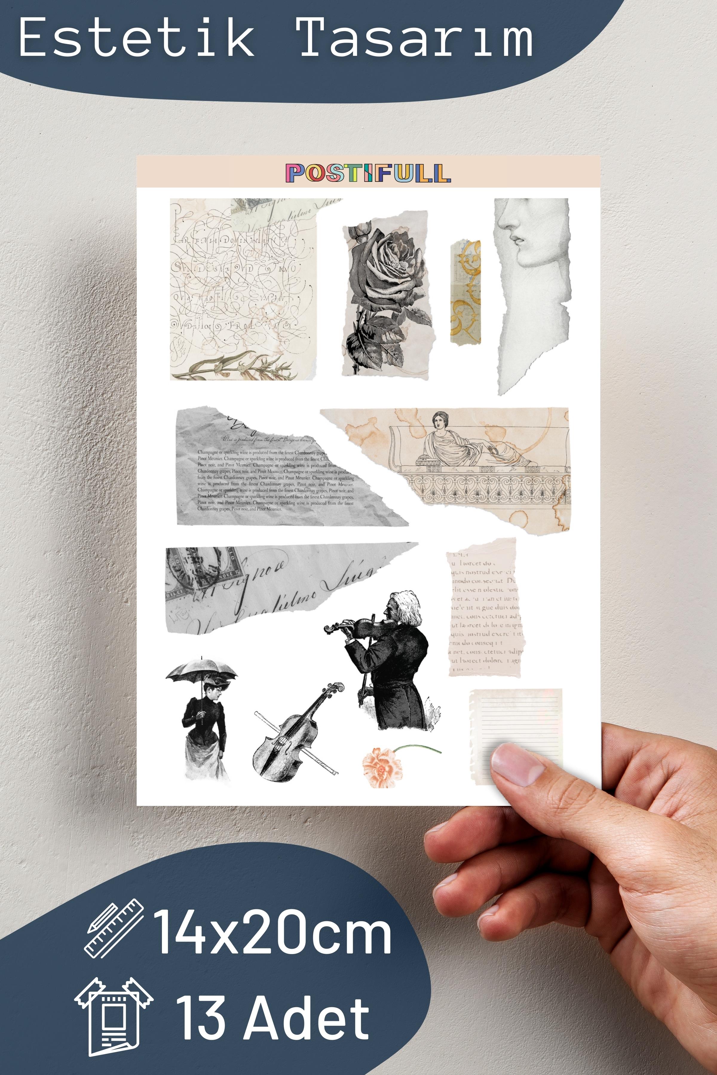 Vintage ve Müzik Etiket Seti, 12 Adet Su Geçirmez, Vintage Sticker, Journal, Memopad, Günlük Uyumlu