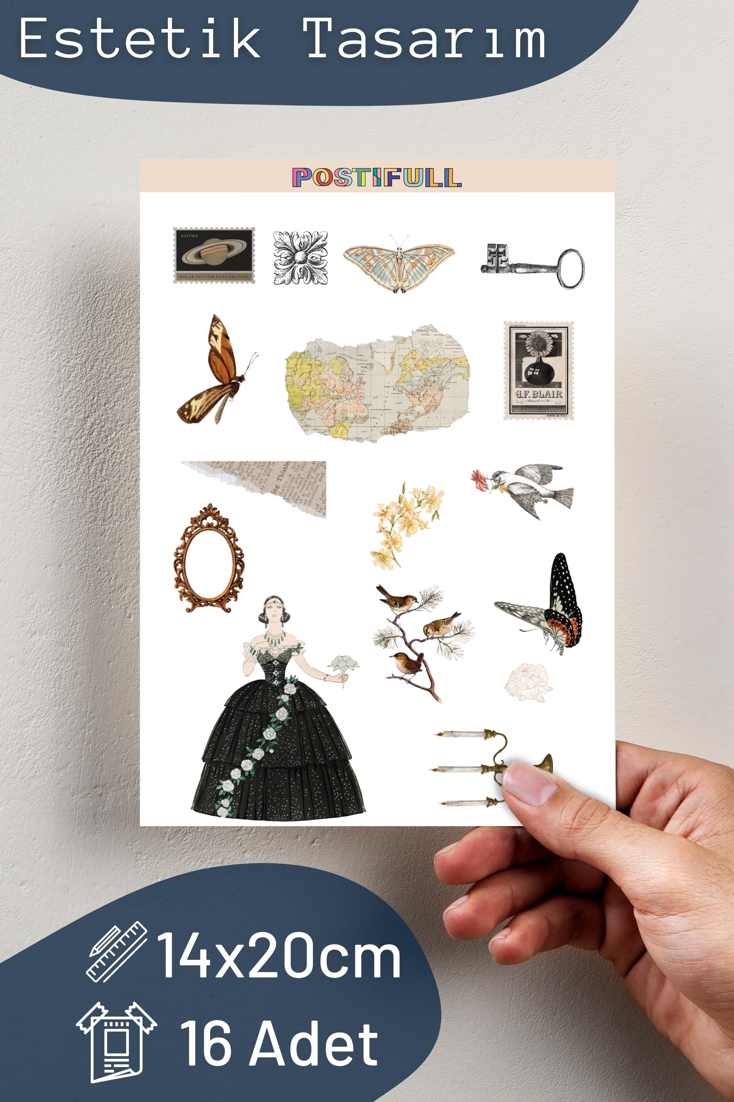 Vintage ve Retro Etiket Seti, 16 Adet Su Geçirmez, Vintage Sticker, Journal, Memopad, Günlük Uyumlu