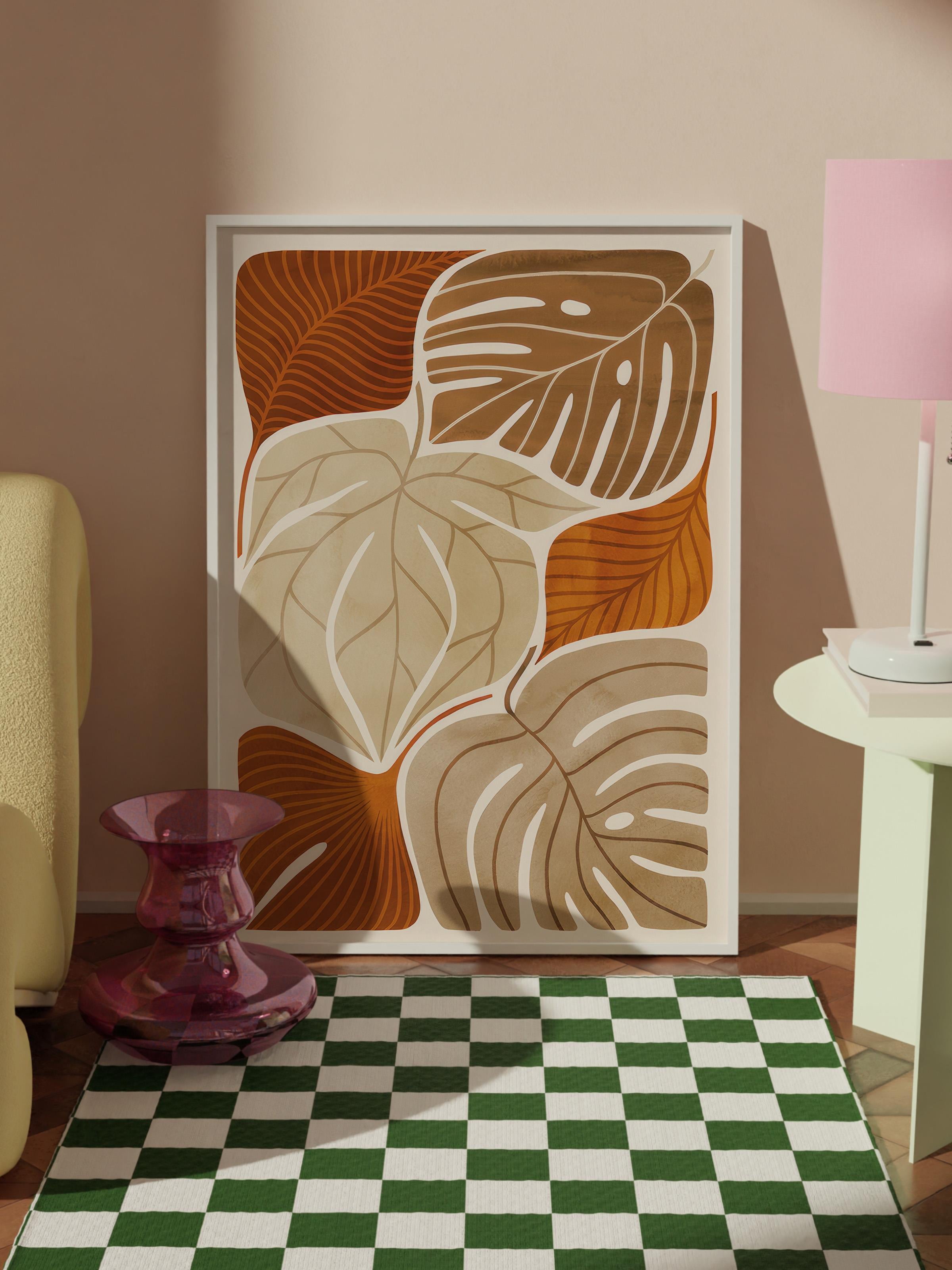 Warm Leaves Çerçeveli Tablo, Beyaz Çerçeve ve Poster, Dikey Duvar Tablosu Comfort Serisi NO:108528