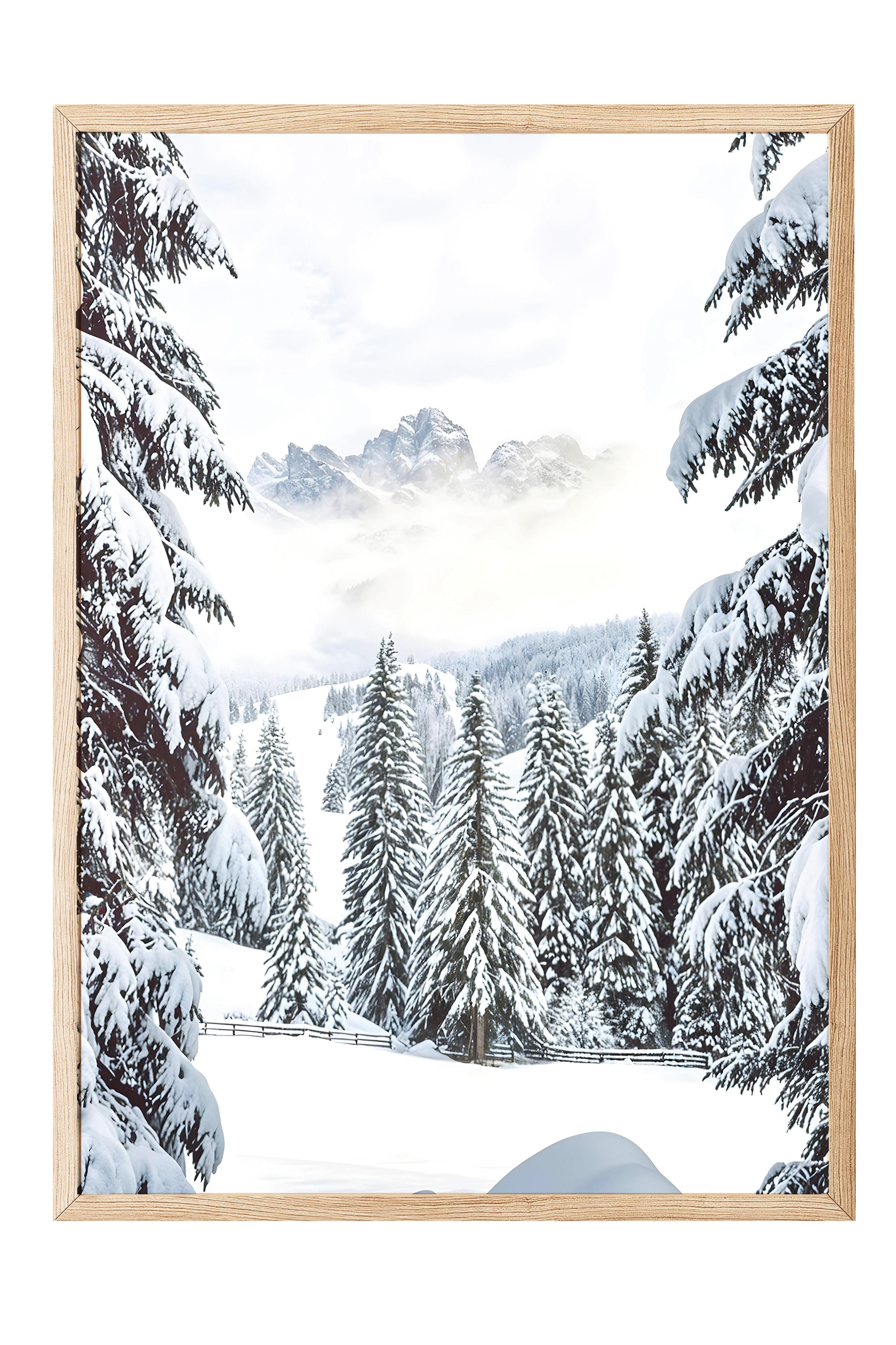 Winter Valley Yılbaşı Tablo, Ahşap Çerçeve ve Poster, Dikey Duvar Tablosu Comfort Serisi NO:108412