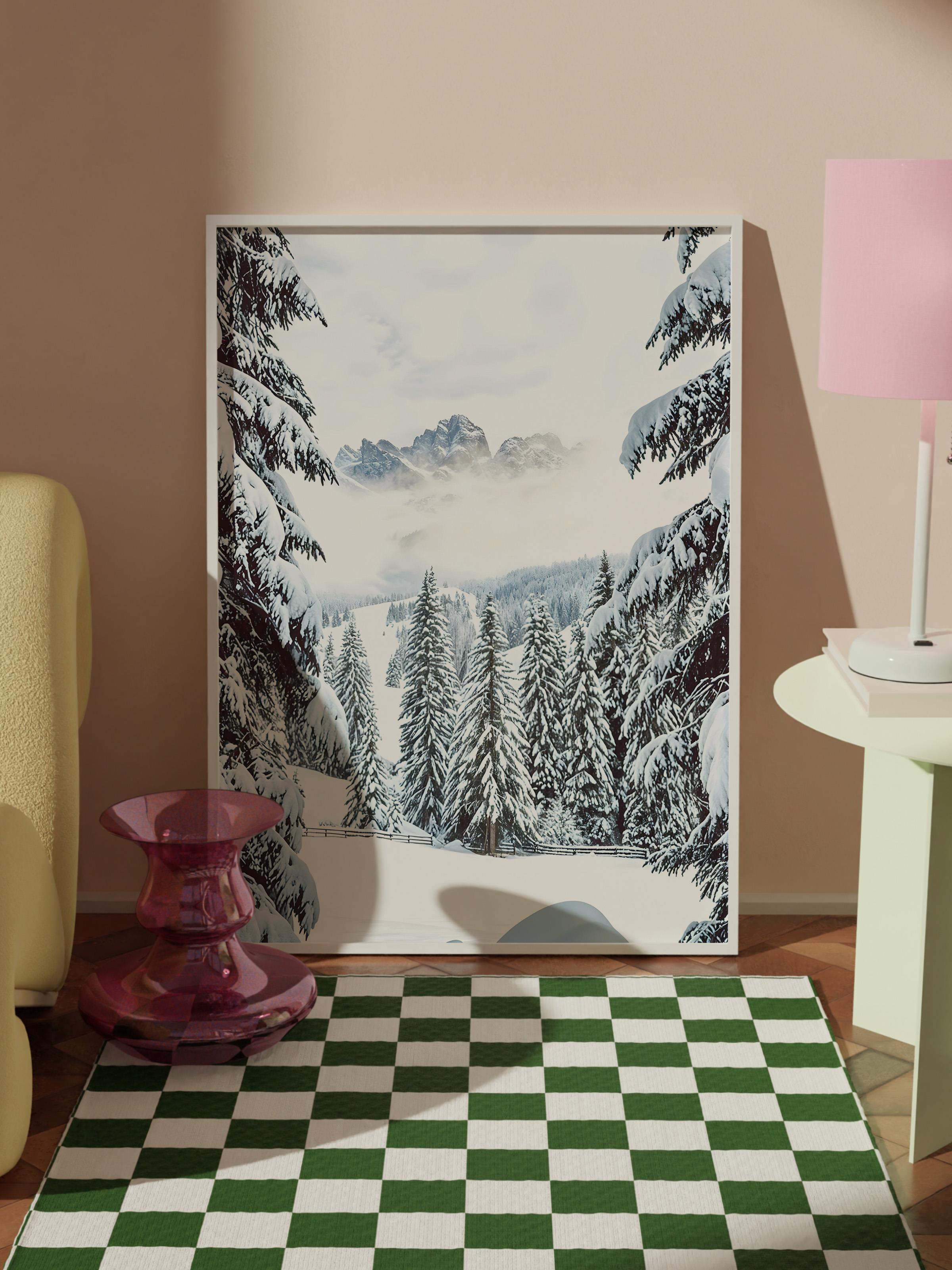Winter Valley Yılbaşı Tablo, Beyaz Çerçeve ve Poster, Dikey Duvar Tablosu Comfort Serisi NO:108412