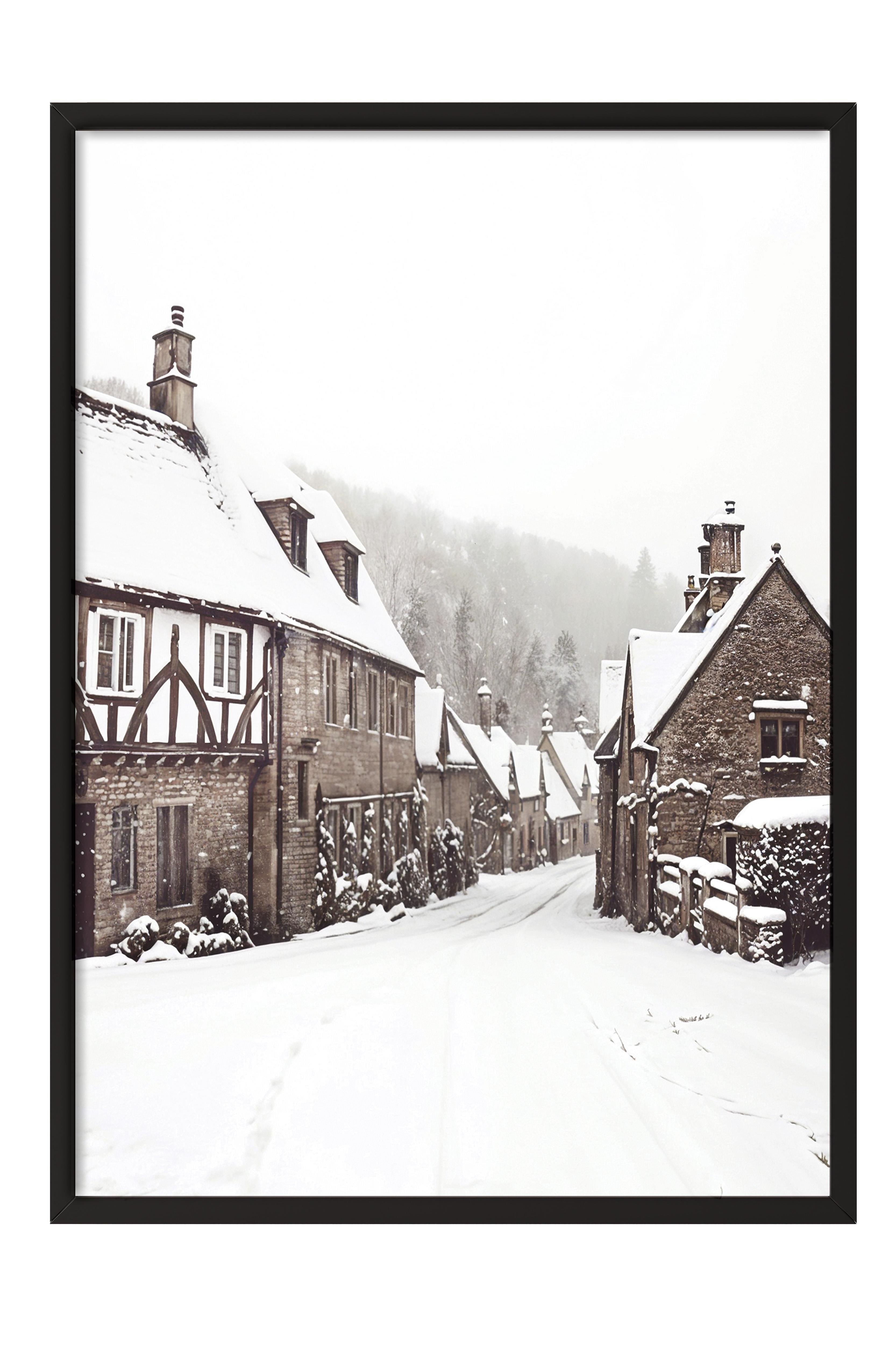 Winter Village Yılbaşı Tablo, Siyah Çerçeve ve Poster, Duvar Tablosu Comfort Serisi NO:108410