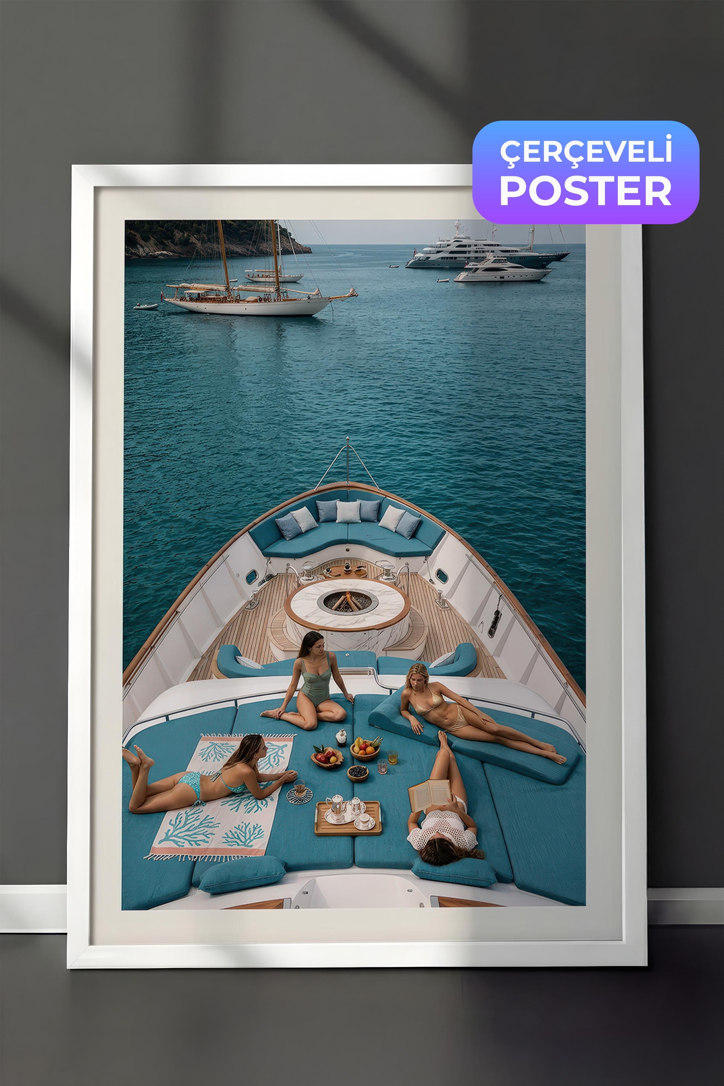 Yat ve Deniz Posteri, Beyaz Çerçeveli Poster, Old Money Serisi, NO:113191