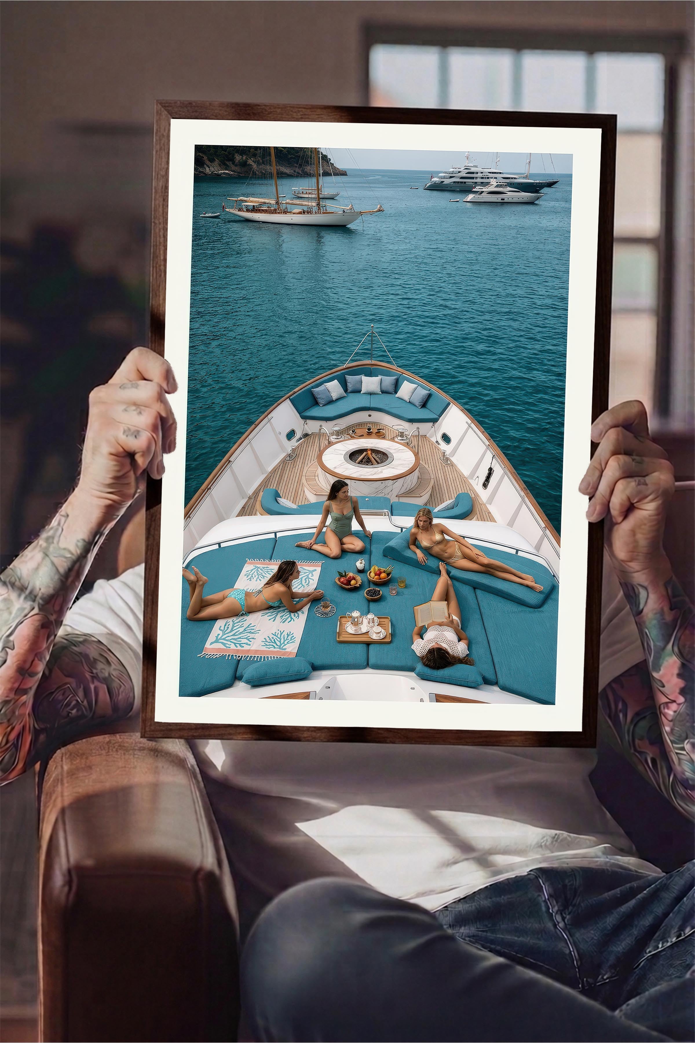 Yat ve Deniz Posteri, Kahverengi Çerçeveli Poster, Old Money Serisi, NO:113191