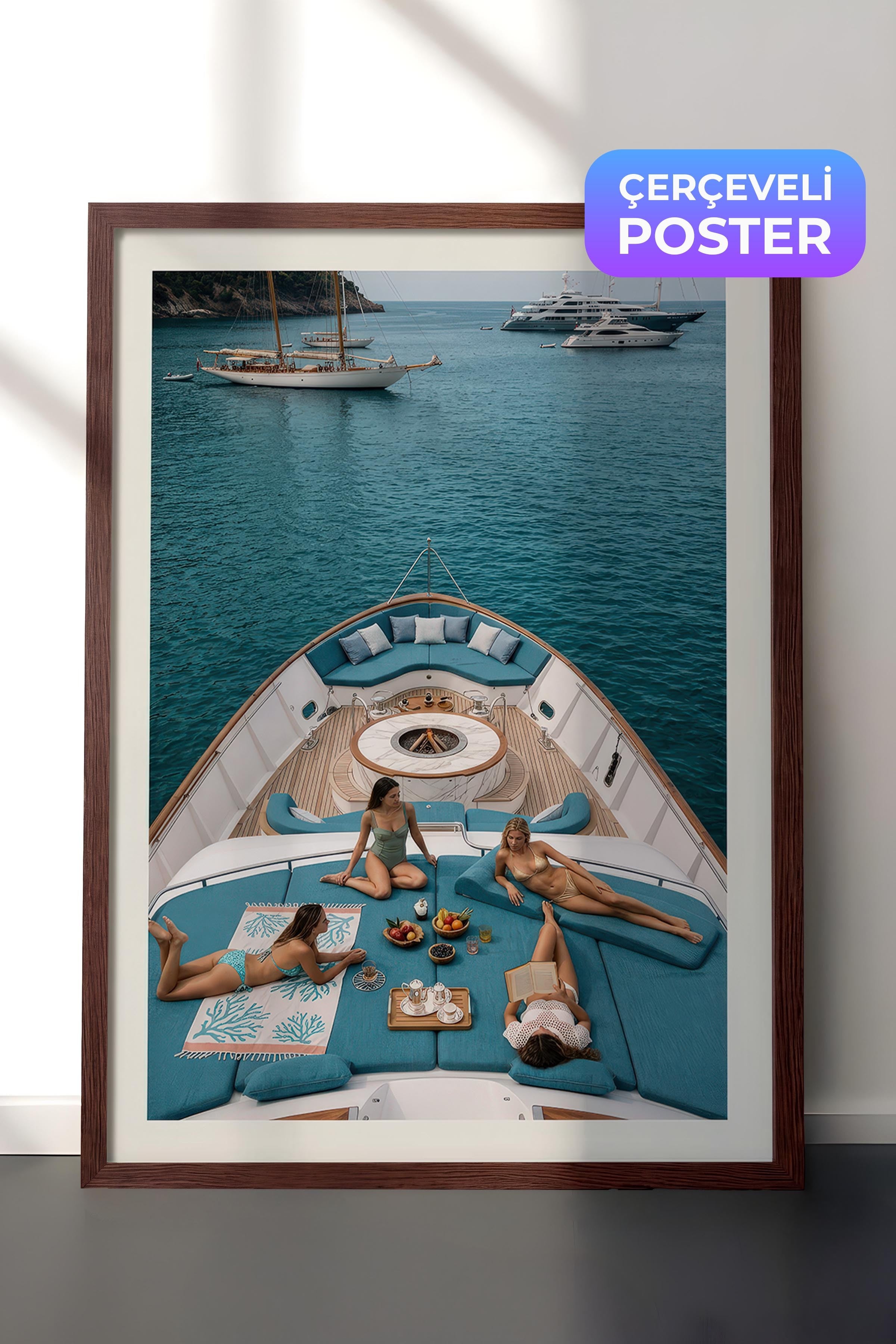 Yat ve Deniz Posteri, Kahverengi Çerçeveli Poster, Old Money Serisi, NO:113191