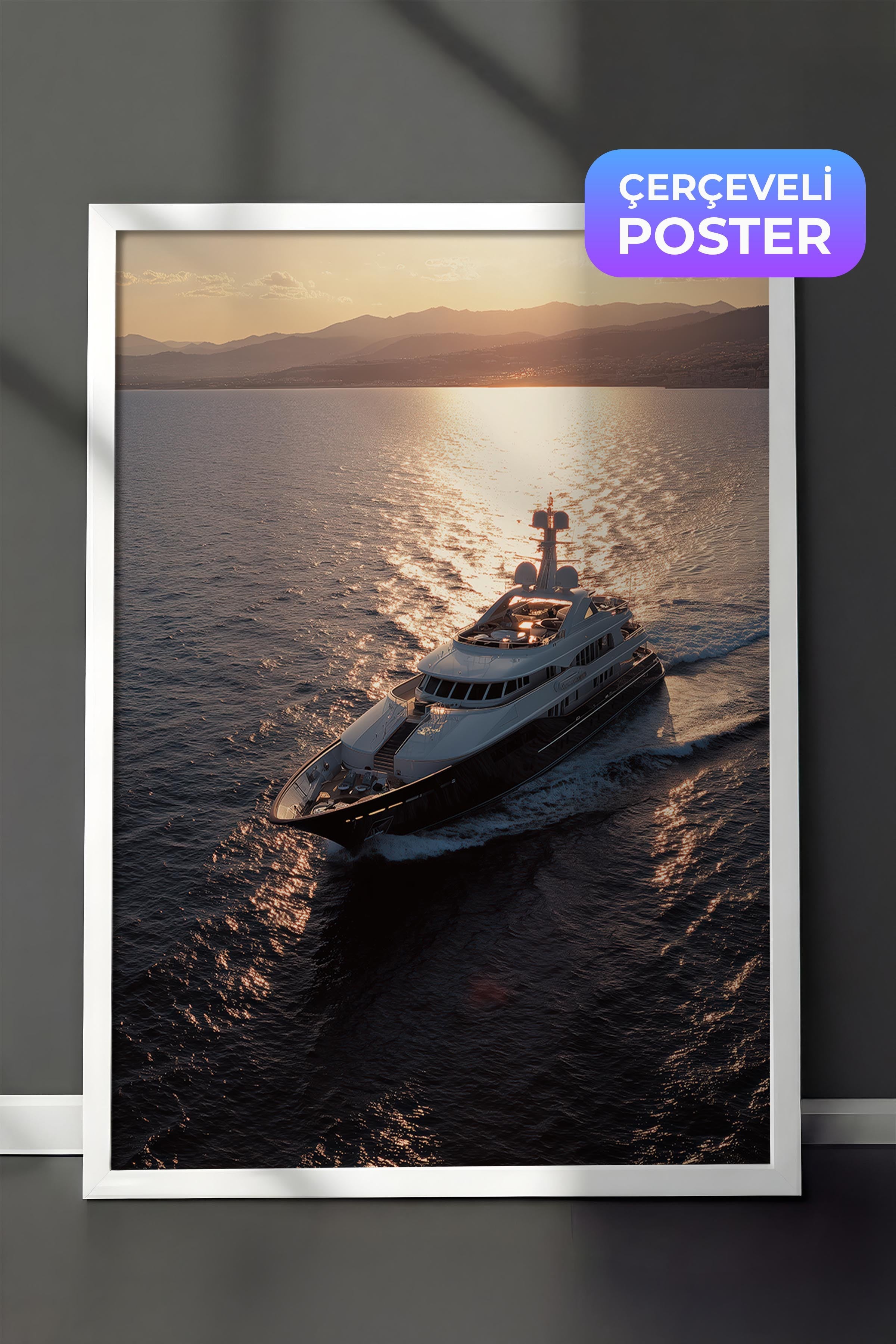 Yat ve Gün Batımı Posteri, Beyaz Çerçeveli Poster, Old Money Serisi, NO:113221
