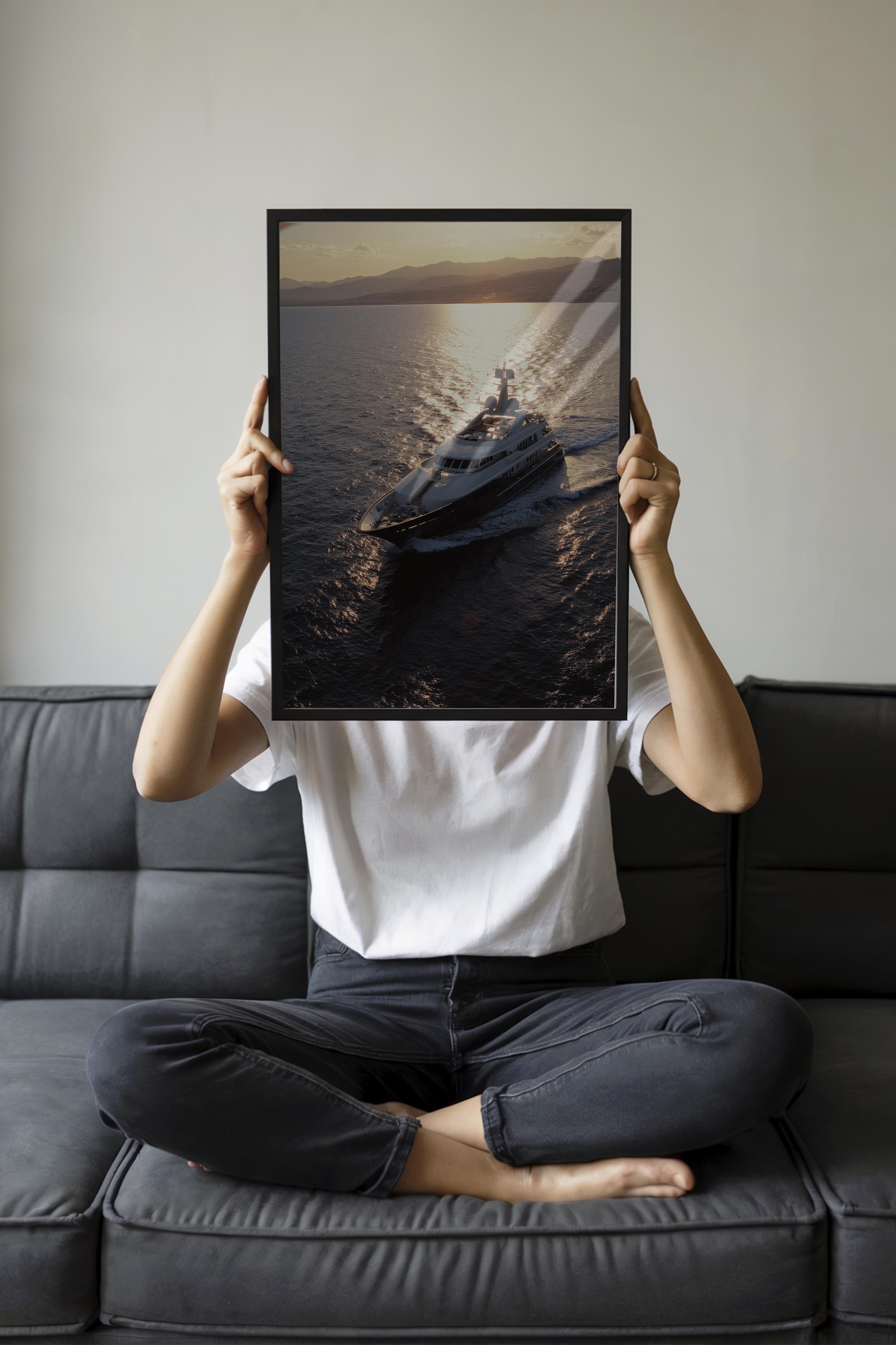 Yat ve Gün Batımı Posteri, Siyah Çerçeveli Poster, Old Money Serisi, NO:113221