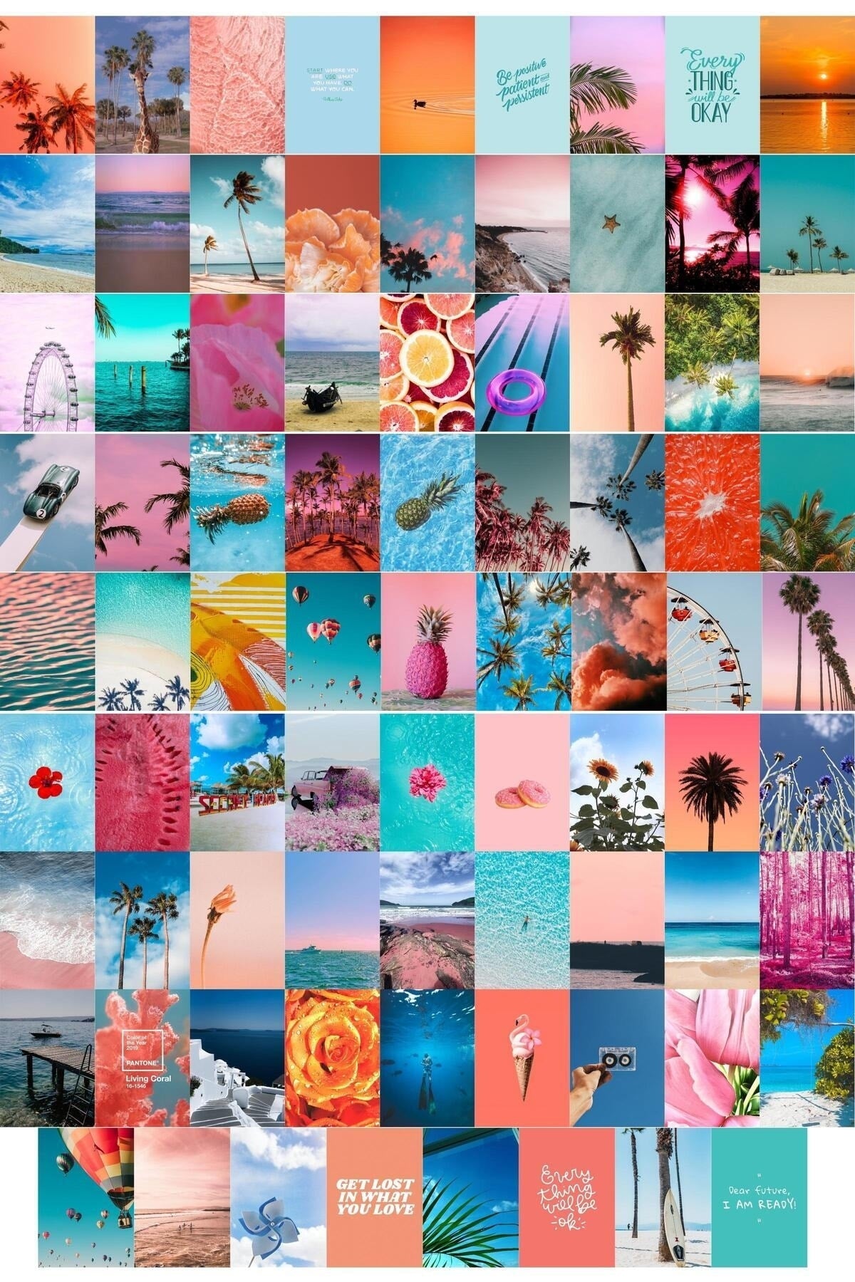 Yaz Temalı Renkli Poster Kolaj Seti, 80 Adet Fotokart Poster, Poster Seti, Bant Hediyeli - 10*15cm