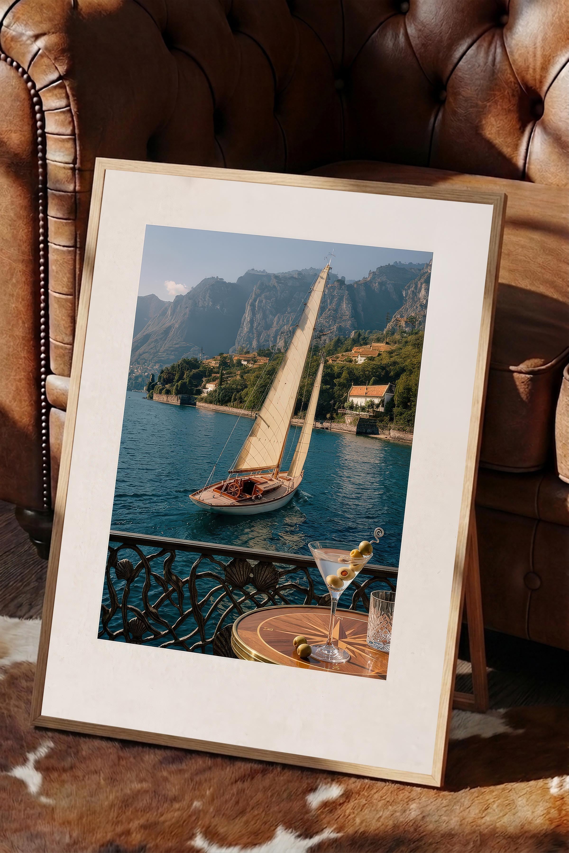 Yelkenli ve Deniz Manzarası Posteri, Ahşap Çerçeveli Poster, Old Money Serisi, NO:113140