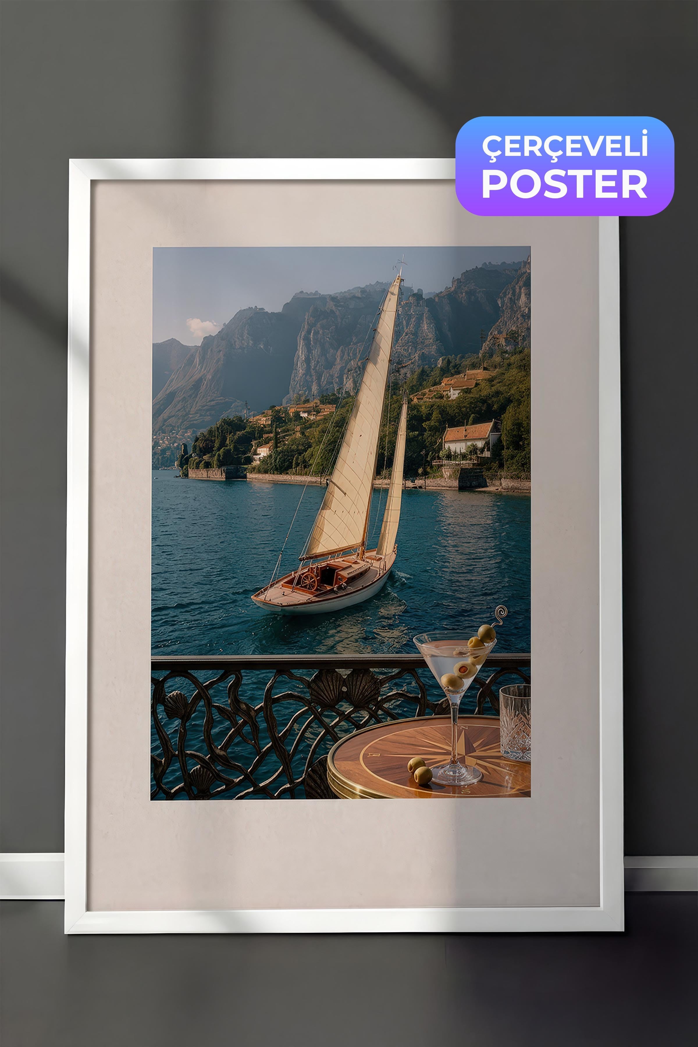 Yelkenli ve Deniz Manzarası Posteri, Beyaz Çerçeveli Poster, Old Money Serisi, NO:113140