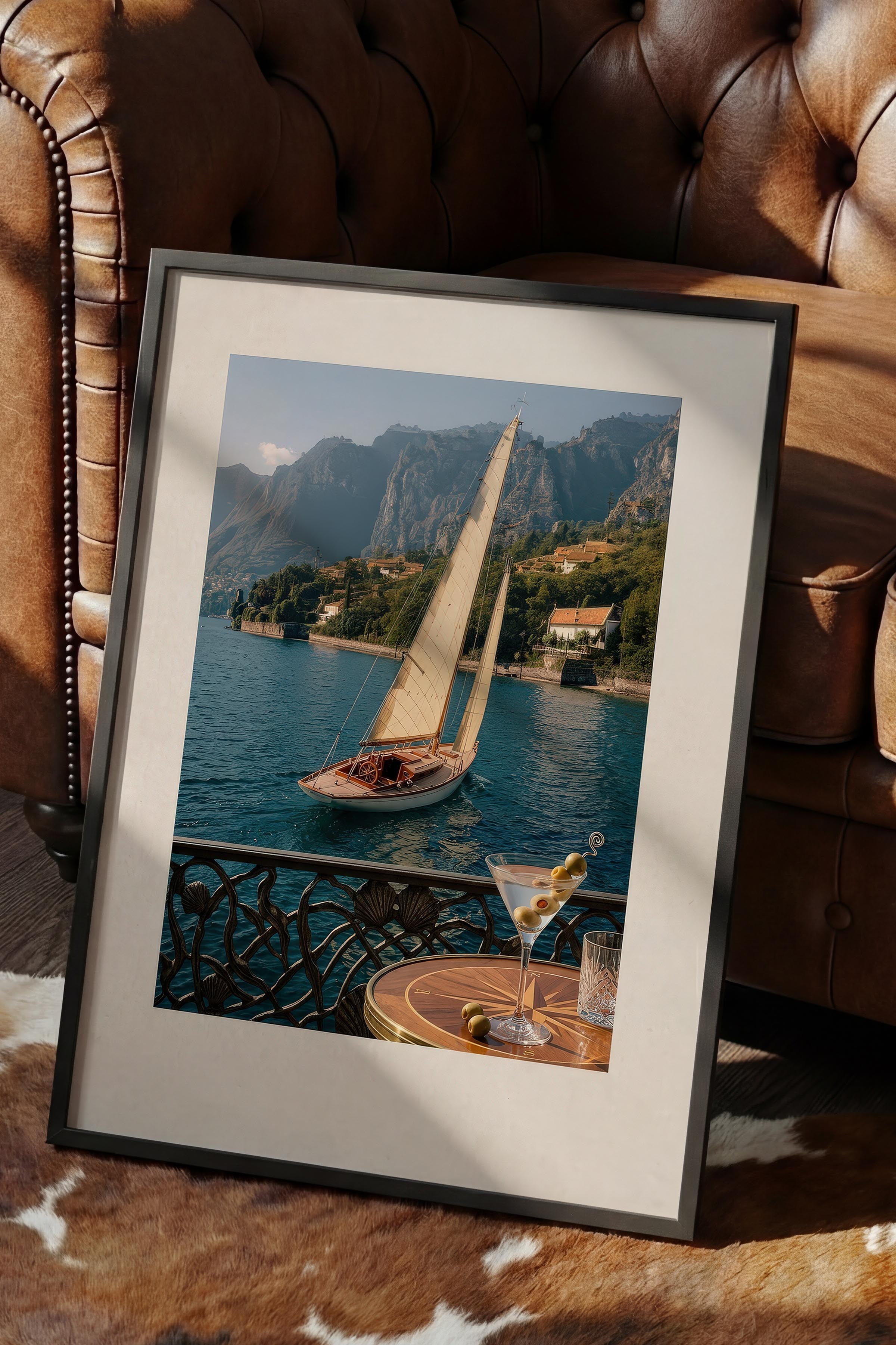 Yelkenli ve Deniz Manzarası Posteri, Siyah Çerçeveli Poster, Old Money Serisi, NO:113140