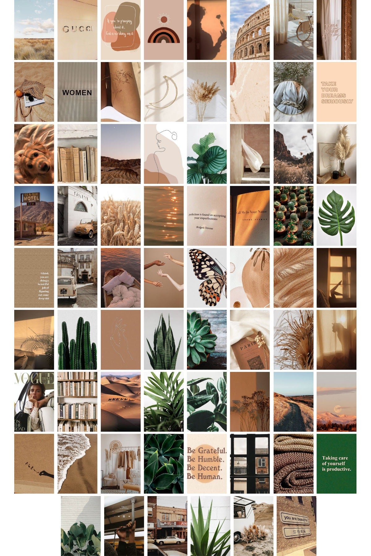 Yeşil Kahverengi Boho Poster Seti - Arkası Yapışkanlı Kolaj Seti - 70 Adet 10cm*15cm - Kutulu Set