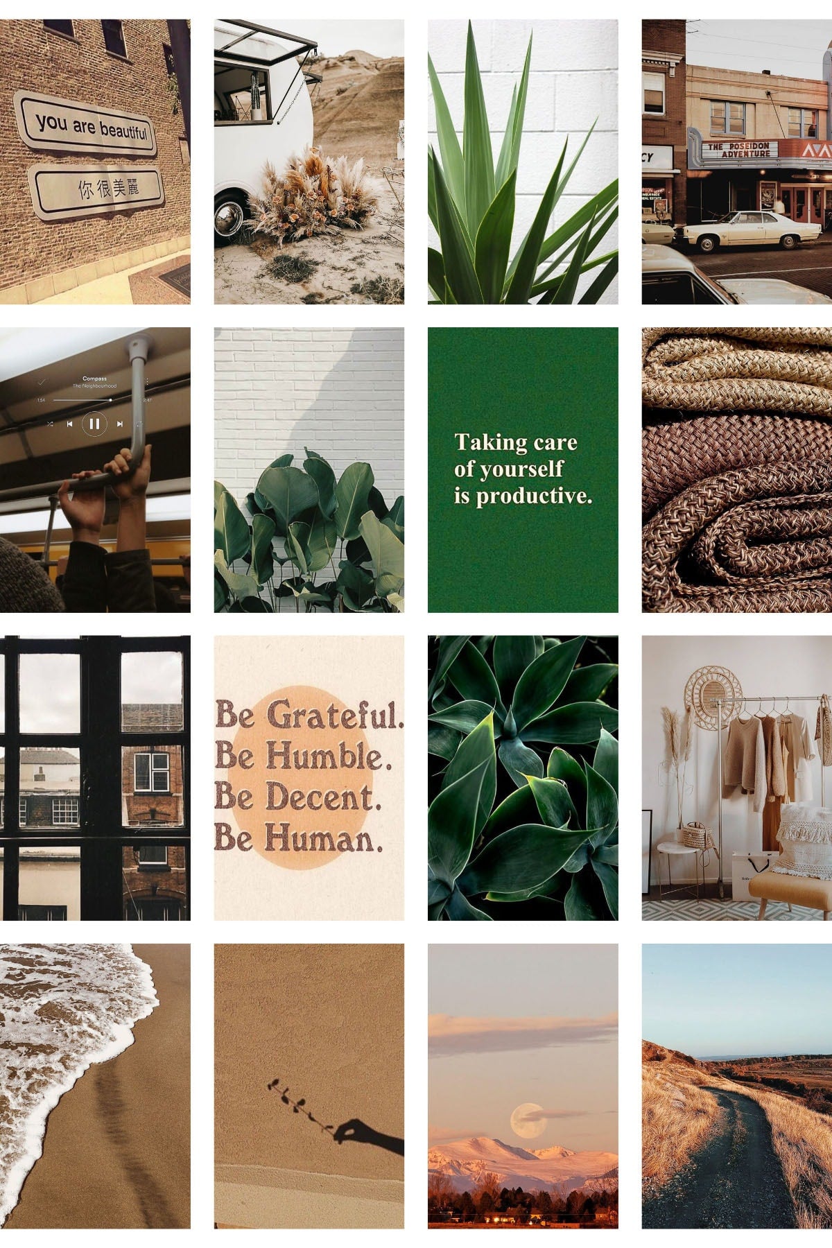 Yeşil Kahverengi Boho Poster Seti - Arkası Yapışkanlı Kolaj Seti - 70 Adet 10cm*15cm - Kutulu Set