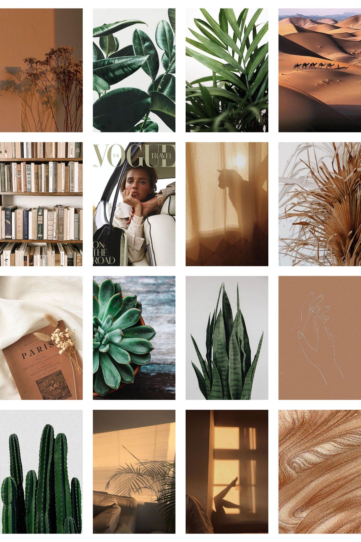 Yeşil Kahverengi Boho Poster Seti - Arkası Yapışkanlı Kolaj Seti - 70 Adet 10cm*15cm - Kutulu Set