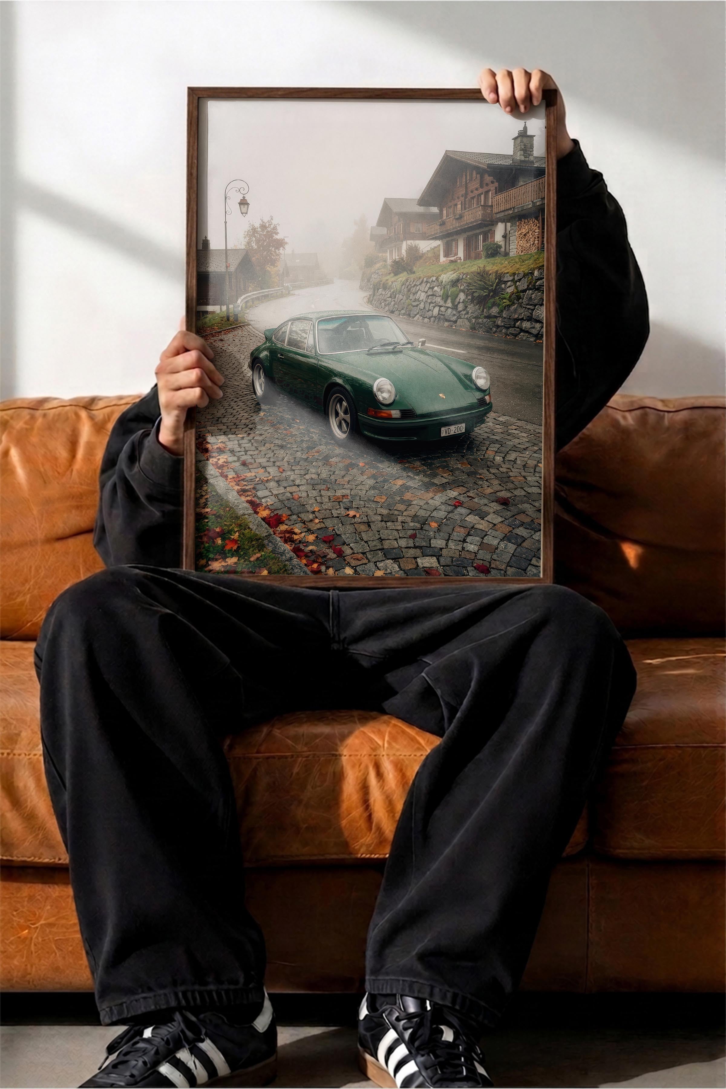 Yeşil Klasik Araba Posteri, Kahverengi Çerçeveli Poster, Old Money Serisi, NO:113127