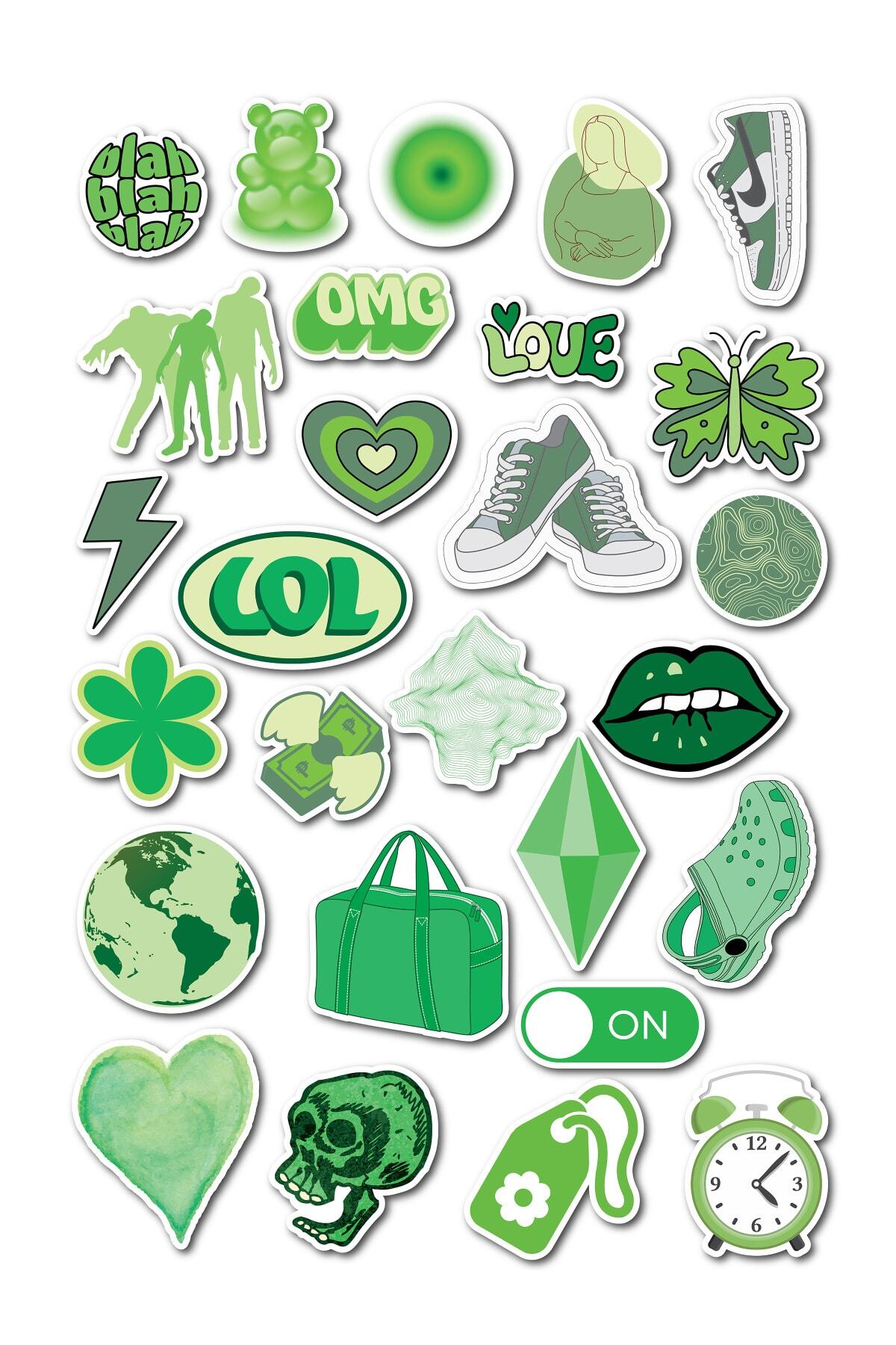 Yeşil Temalı Sticker Seti - 27 Adet Etiket Seti- Telefon, Tablet, Defter Laptop Uyumlu Etiket