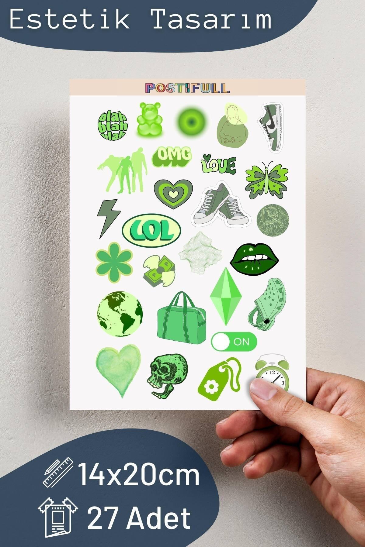 Yeşil Temalı Sticker Seti - 27 Adet Etiket Seti- Telefon, Tablet, Defter Laptop Uyumlu Etiket