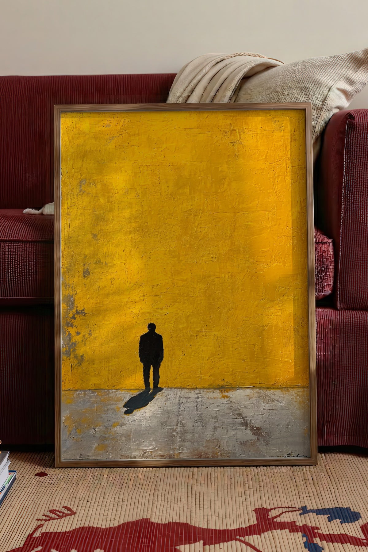 Sarı Duvarda Yalnız Yürüyüş Poster – Kahverengi Çerçeveli Tablo