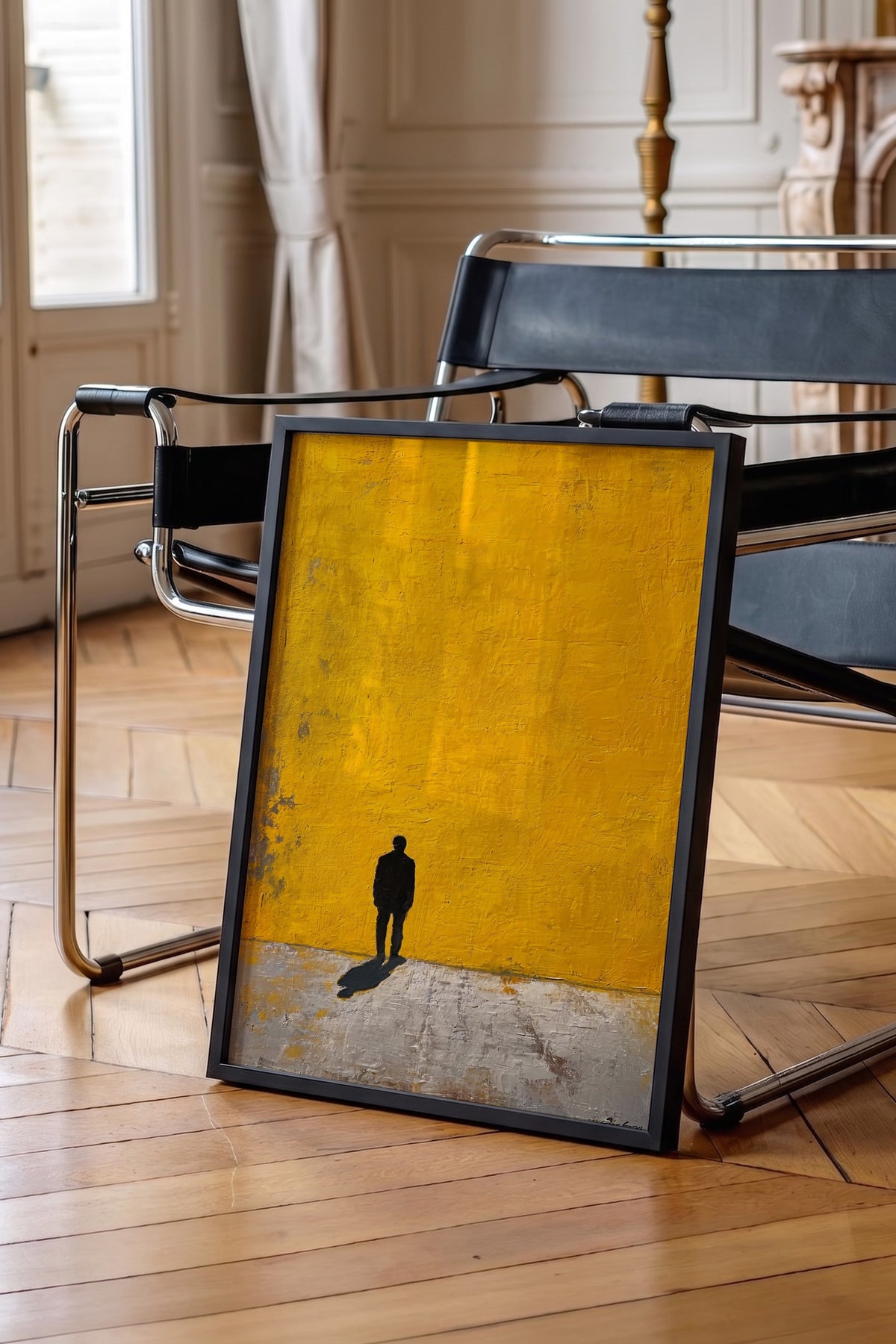 Sarı Duvarda Yalnız Yürüyüş Poster – Siyah Çerçeveli Tablo