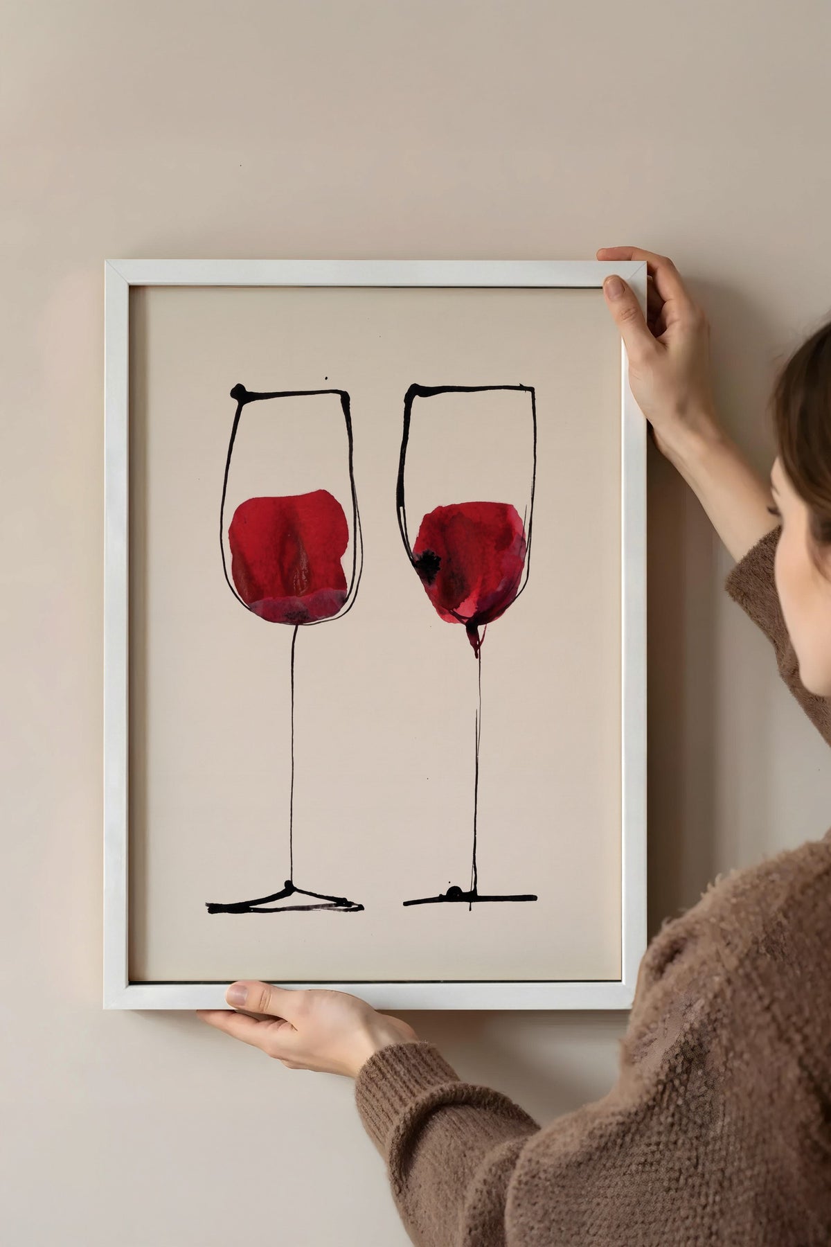 Kırmızı Şarap Kadehleri Çizimi Poster – Beyaz Çerçeveli Tablo