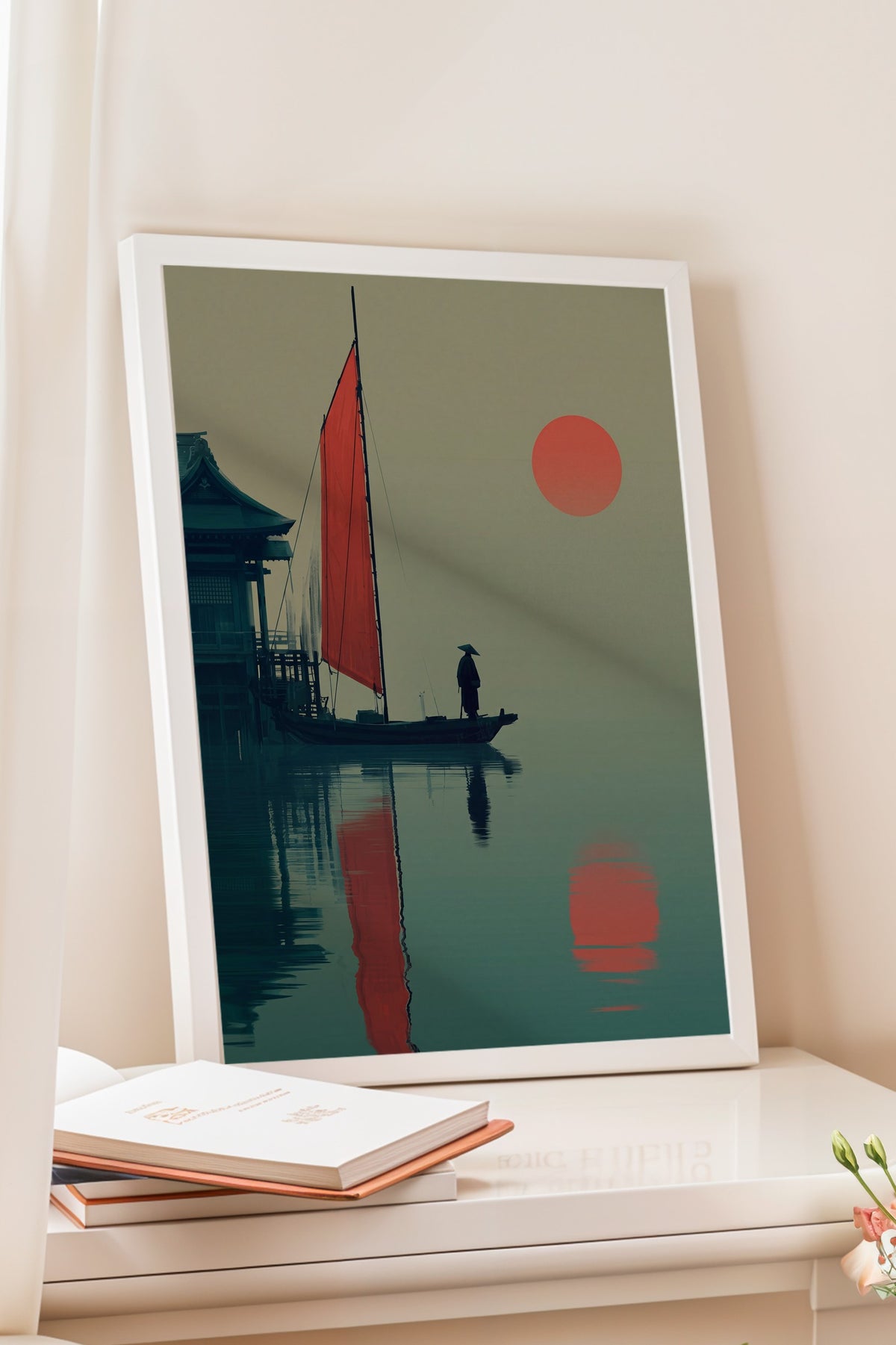 Kızıl Güneşte Yelkenli Tekne Poster – Beyaz Çerçeveli Tablo