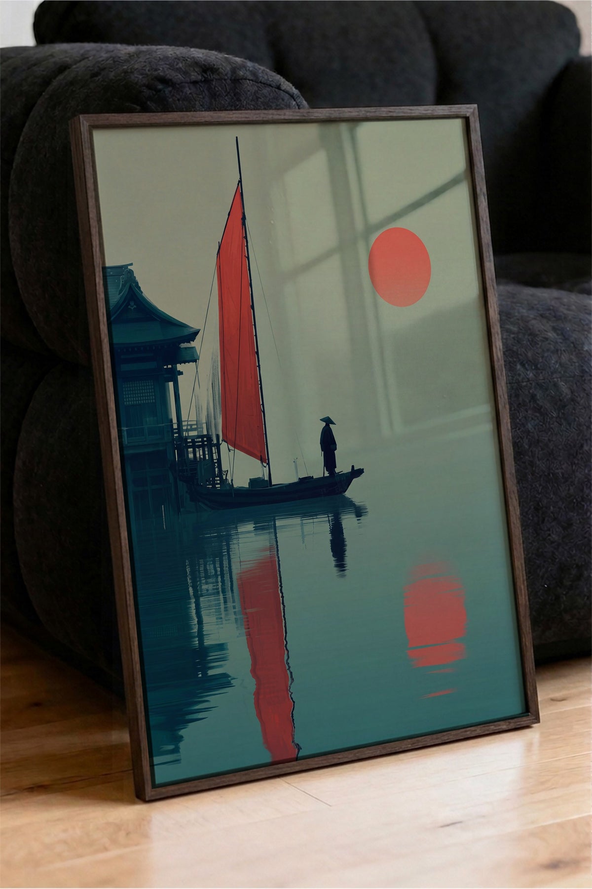 Kızıl Güneşte Yelkenli Tekne Poster – Kahverengi Çerçeveli Tablo