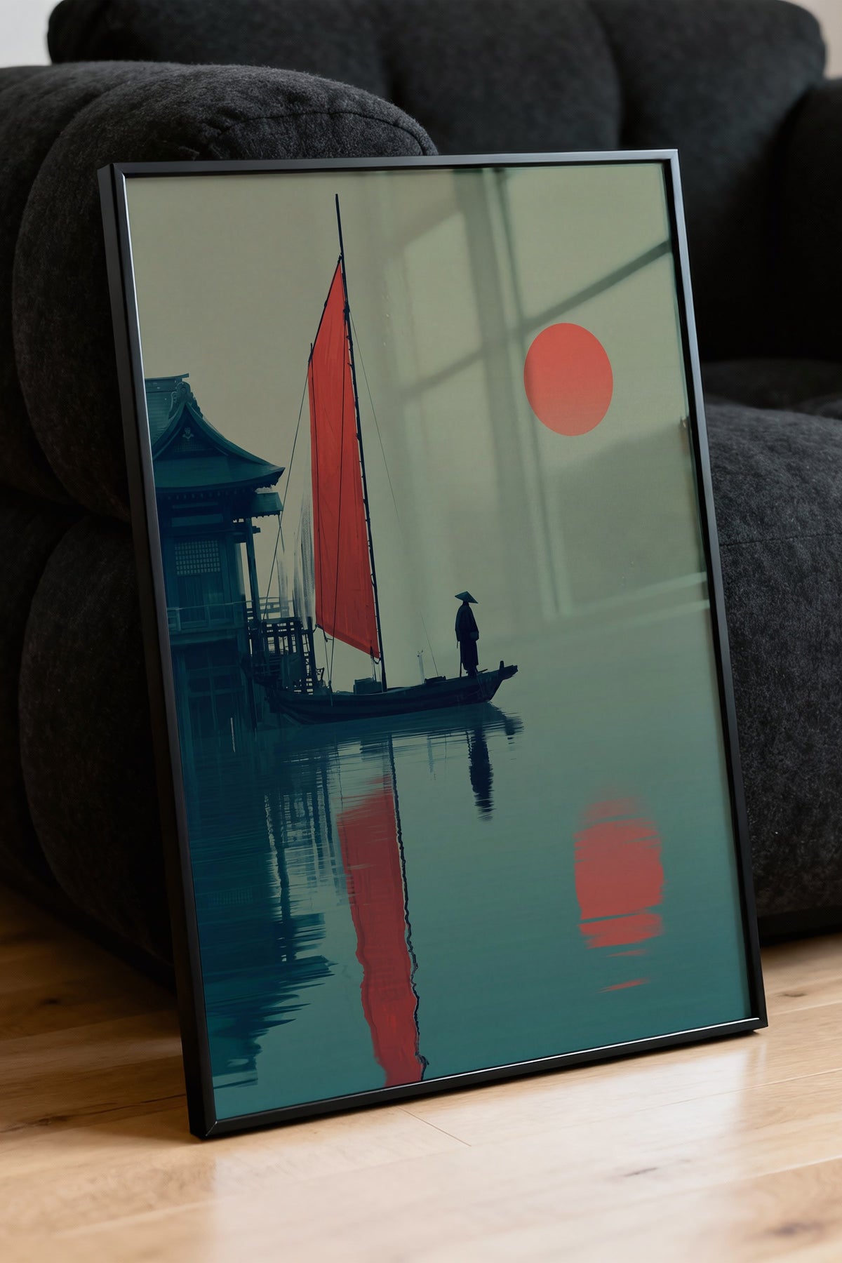 Kızıl Güneşte Yelkenli Tekne Poster – Siyah Çerçeveli Tablo