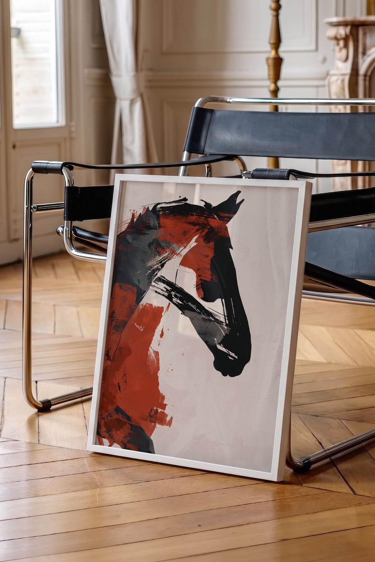 Soyut Fırça Darbeli At Portresi Poster – Beyaz Çerçeveli Tablo