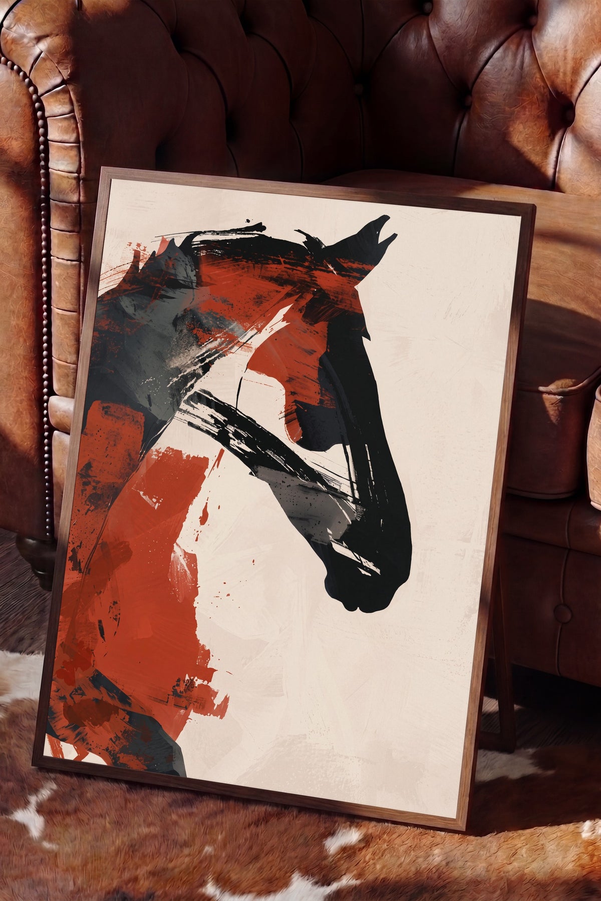 Soyut Fırça Darbeli At Portresi Poster – Kahverengi Çerçeveli Tablo