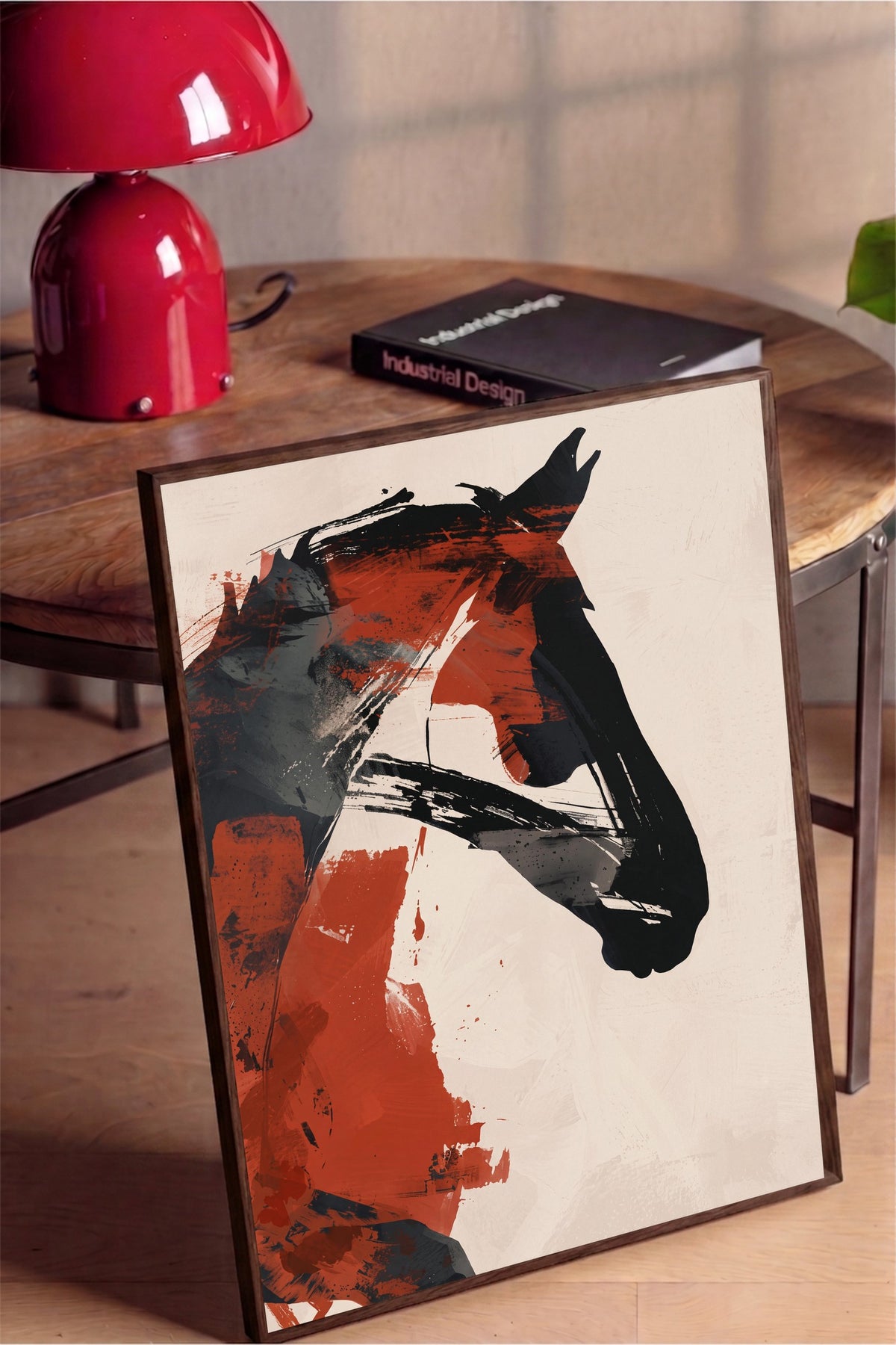 Soyut Fırça Darbeli At Portresi Poster – Kahverengi Çerçeveli Tablo