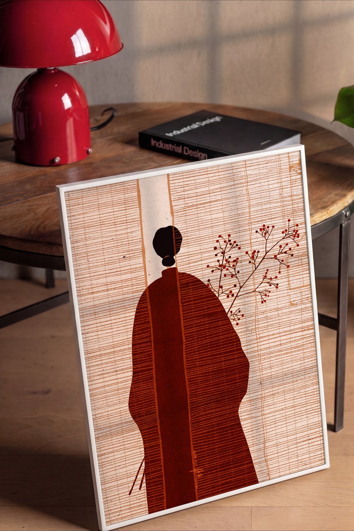 Kimonolu Figür ve Kırmızı Çiçekler Poster – Beyaz Çerçeveli Tablo
