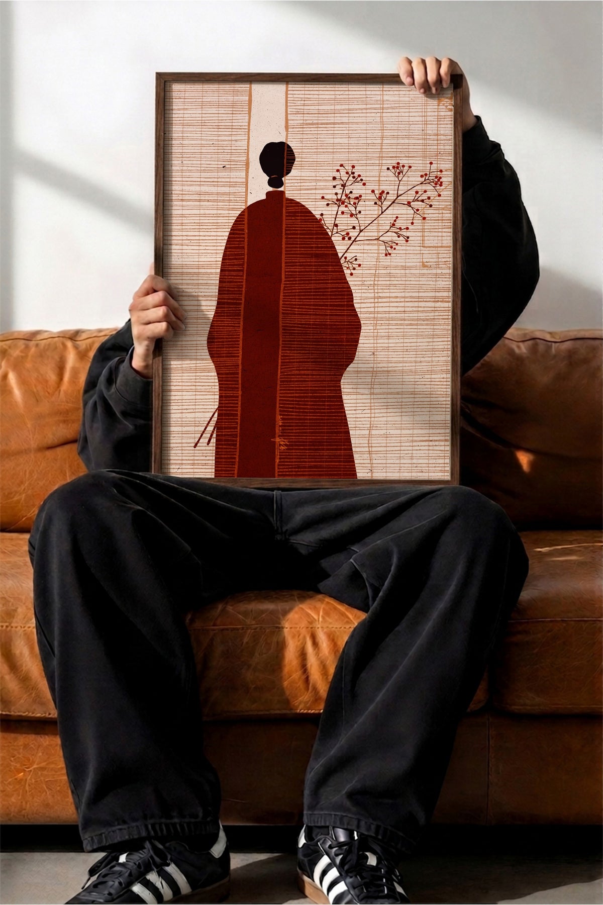 Kimonolu Figür ve Kırmızı Çiçekler Poster – Kahverengi Çerçeveli Tablo
