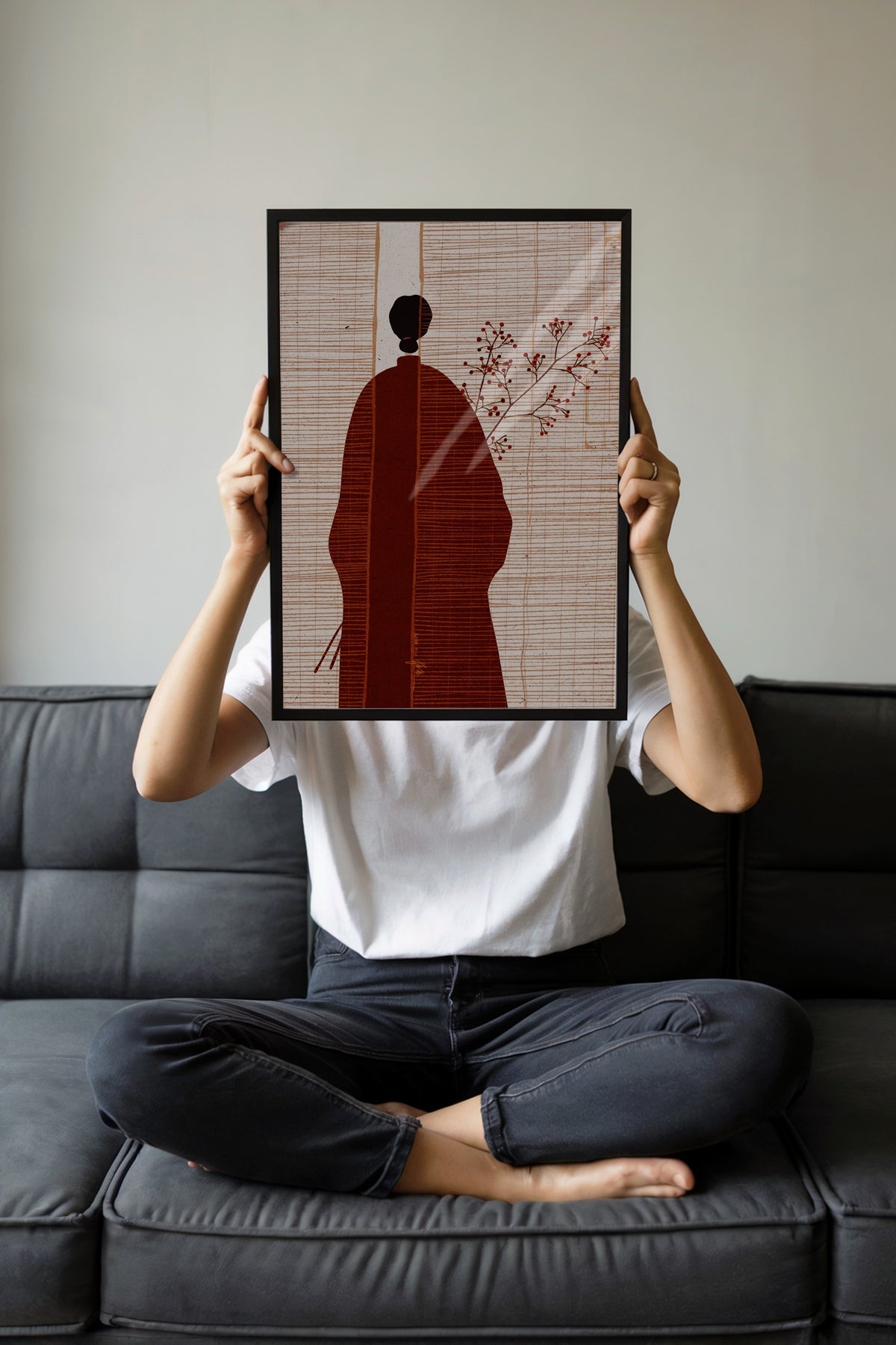 Kimonolu Figür ve Kırmızı Çiçekler Poster – Siyah Çerçeveli Tablo