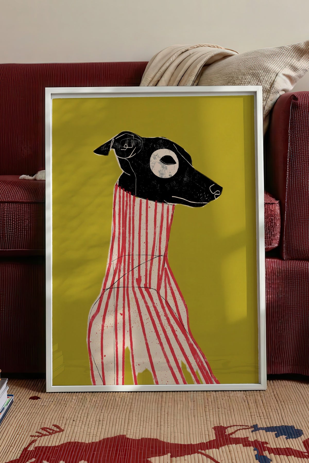 Çizgili Zarafet Köpek Portresi Poster – Beyaz Çerçeveli Tablo