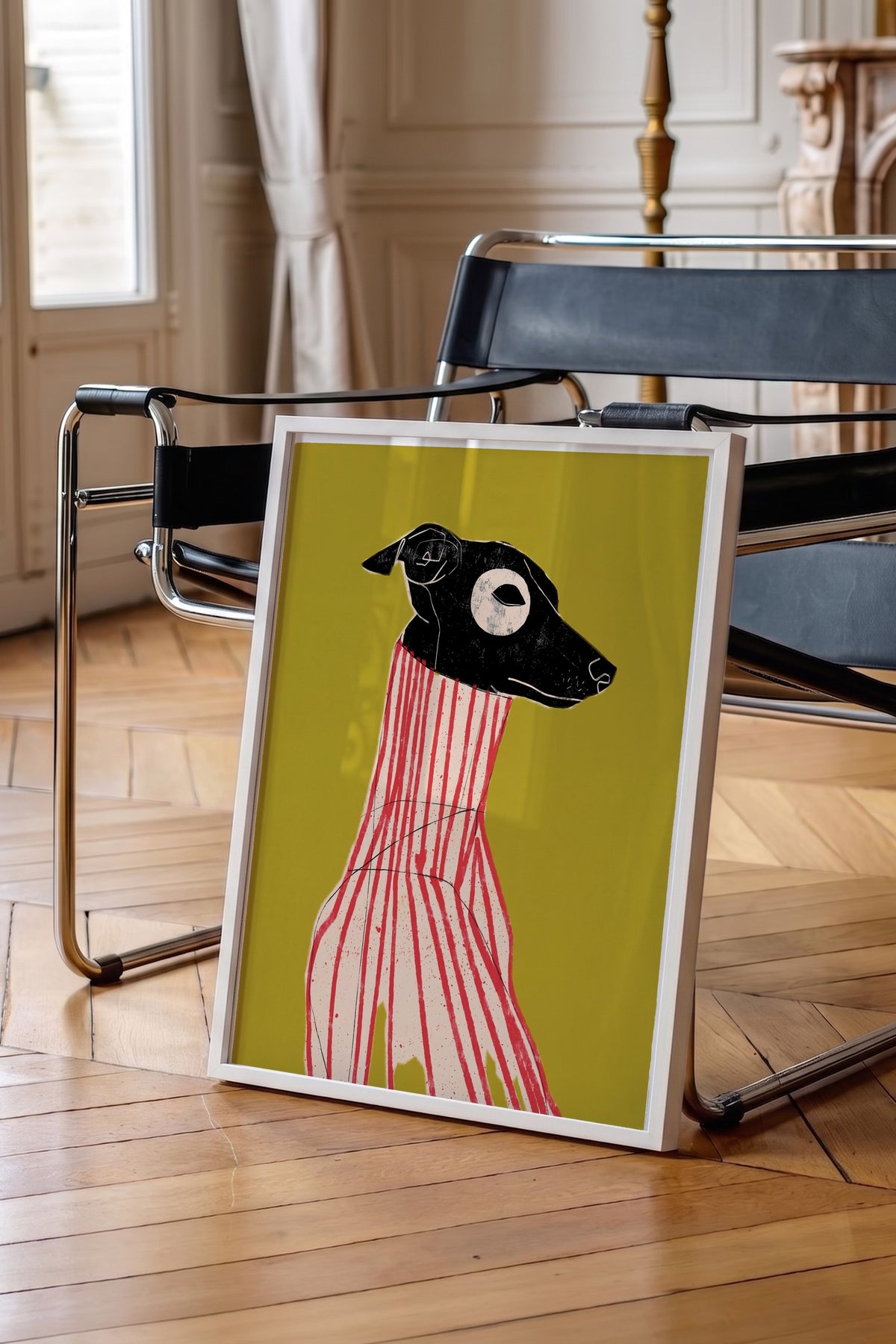 Çizgili Zarafet Köpek Portresi Poster – Beyaz Çerçeveli Tablo